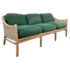 Used McGuire Organic Modern Rattan & Laced Rawhide Green Chenille Cushion Sofa Settee