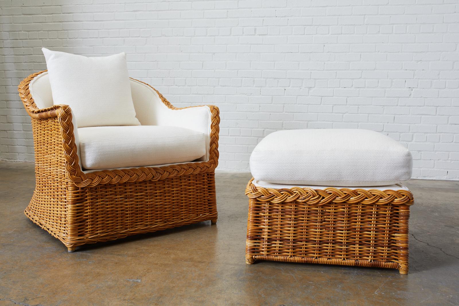 Hand-Crafted McGuire Organic Modern Rattan Lounge Chair and Ottoman