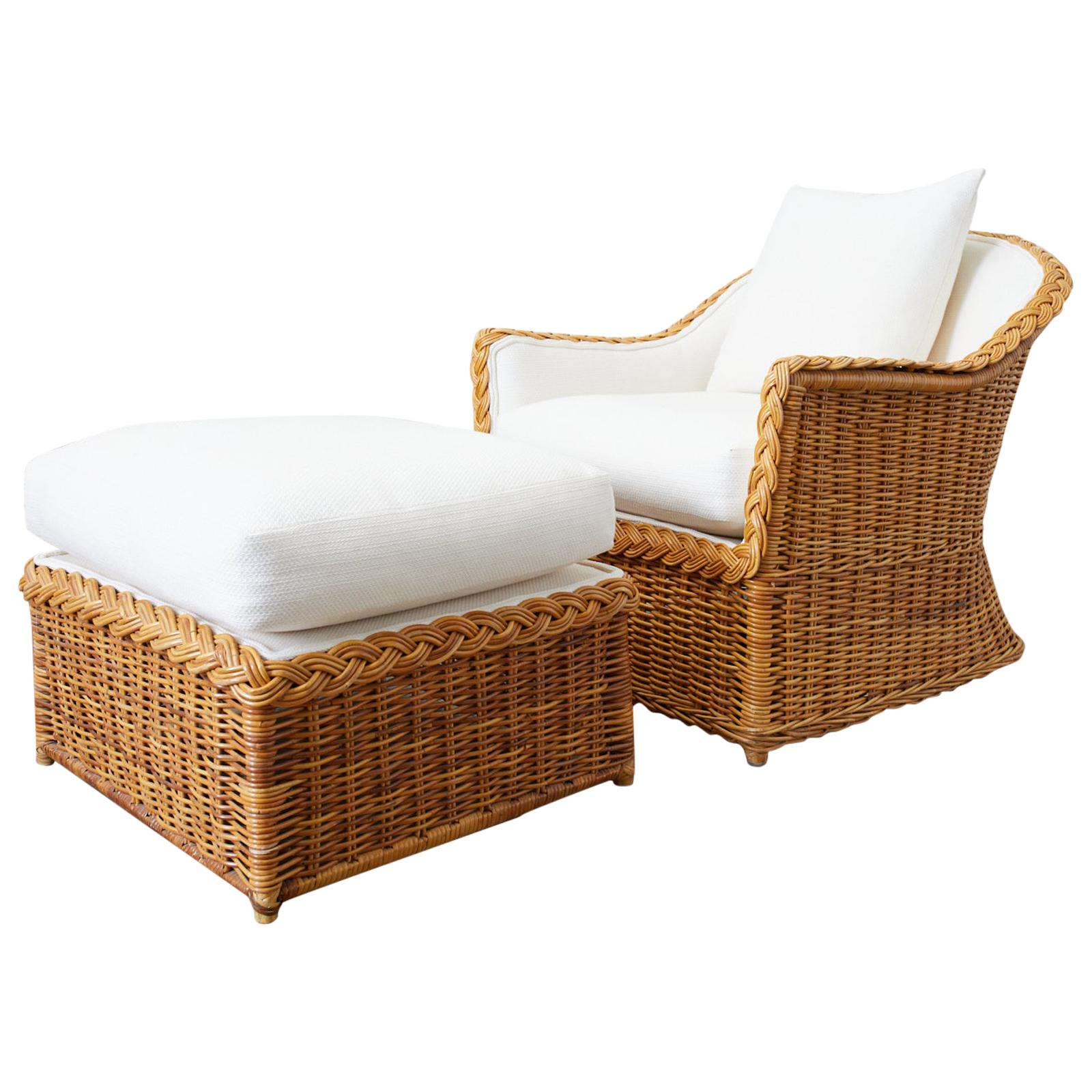 McGuire Organic Modern Rattan Lounge Chair and Ottoman