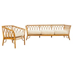 McGuire Organic Modern Rattan Cathedral Sofa and Lounge Chair