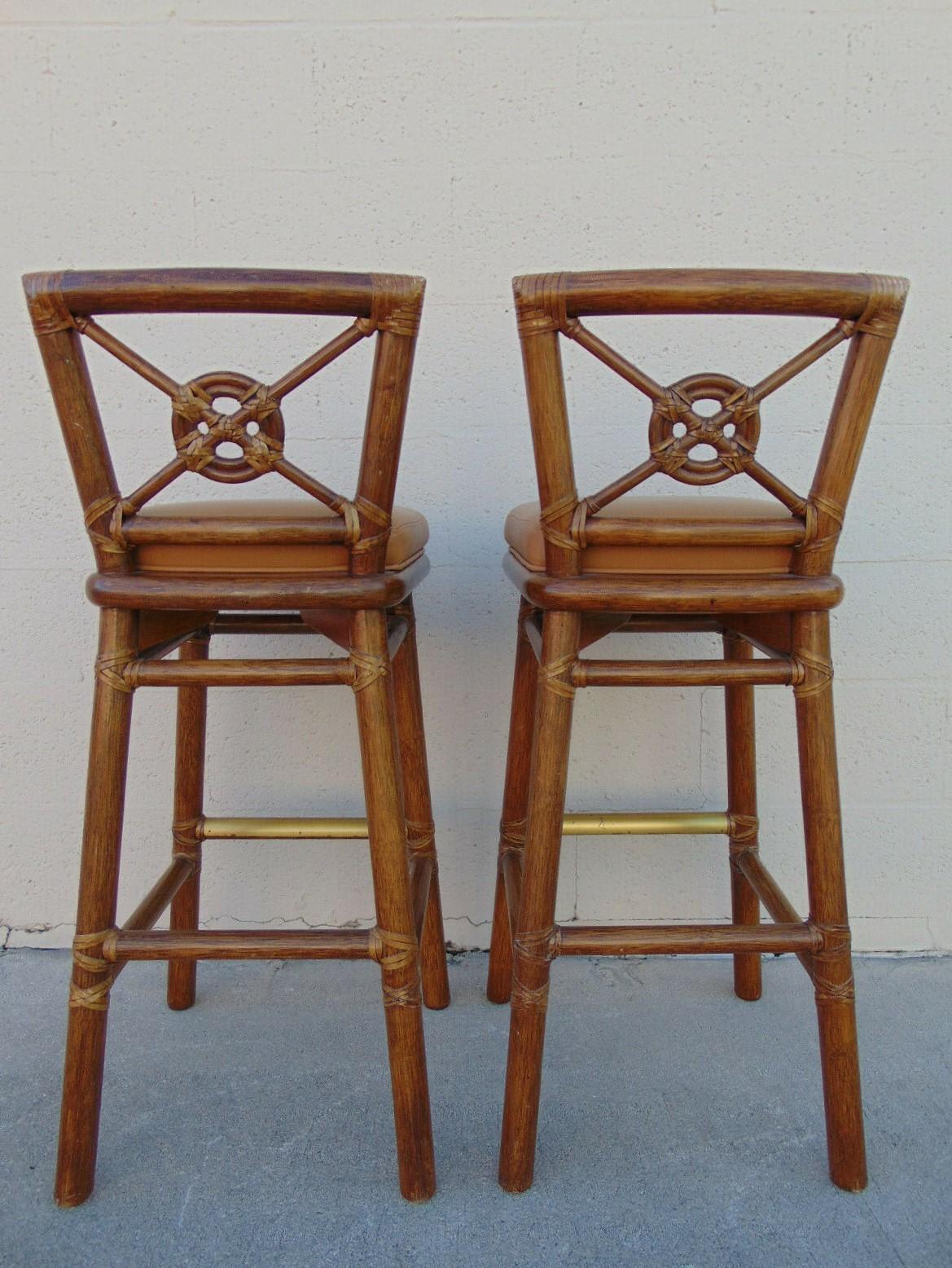 Hand-Crafted McGuire Organic Modern Rattan Target Back Barstools, a Pair