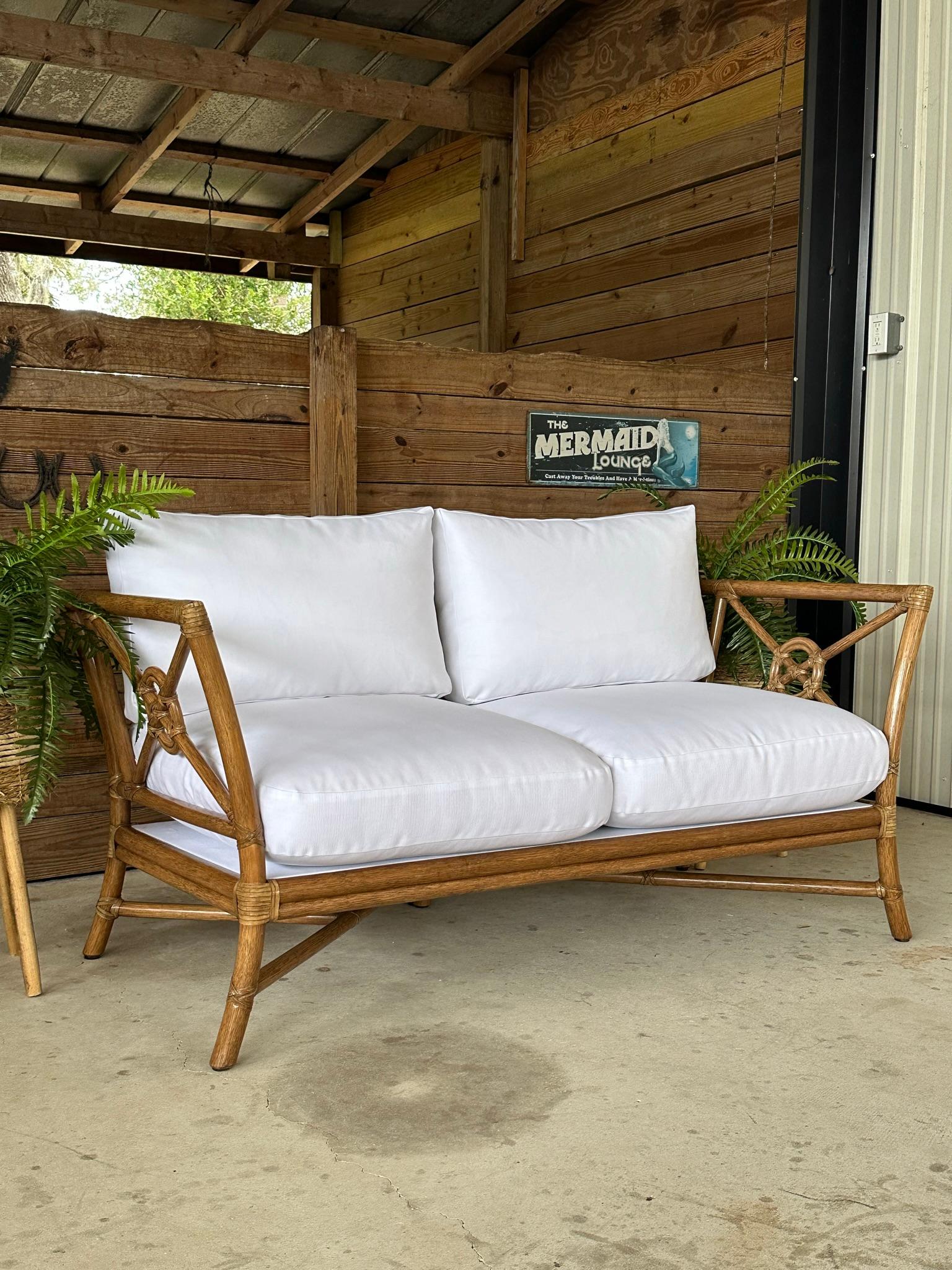 Mcguire Organic Modern Rattan Target Sette Loveseat Custom Upholstered For Sale 4