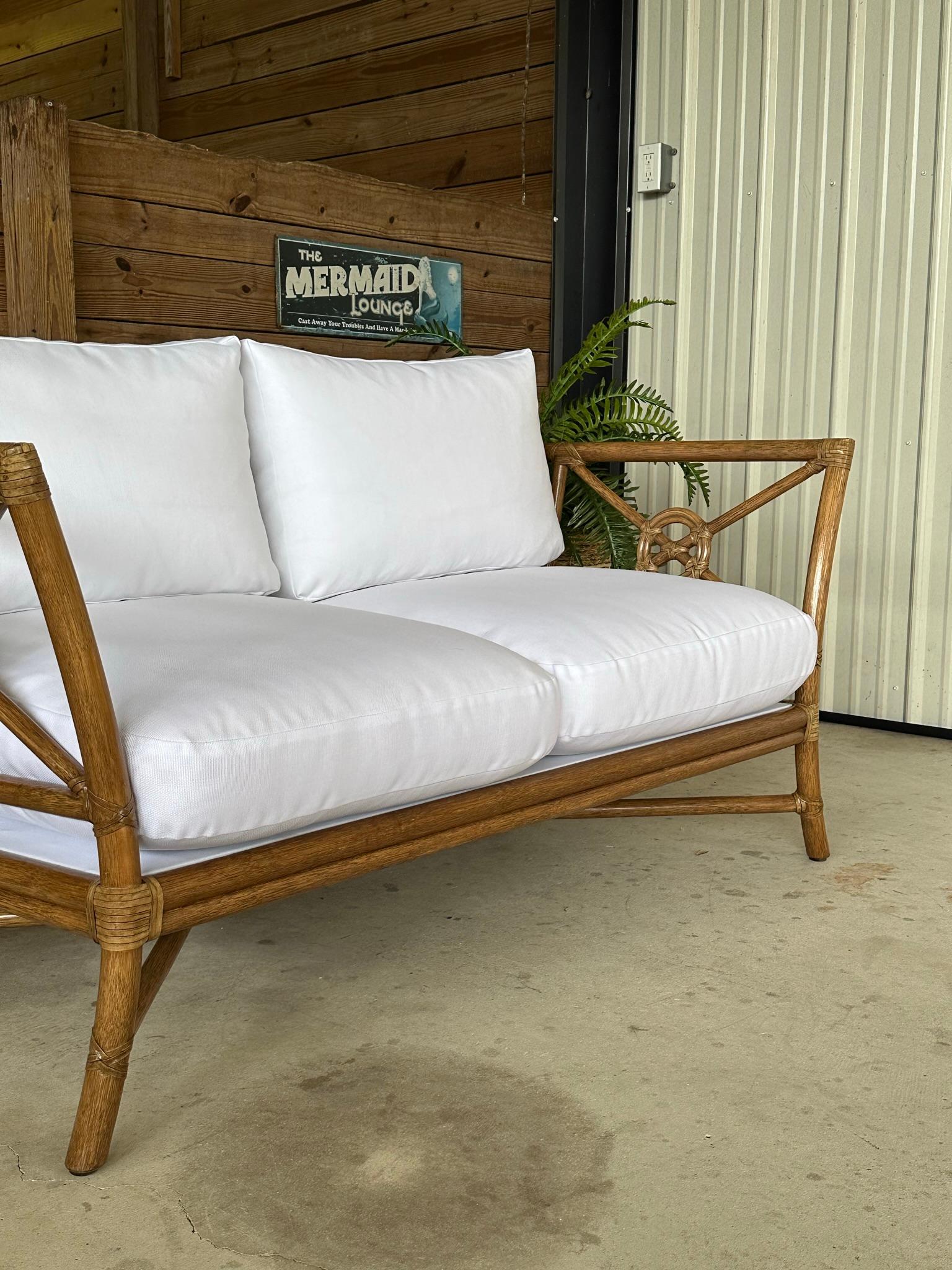 Mcguire Organic Modern Rattan Target Sette Loveseat Custom Upholstered For Sale 6