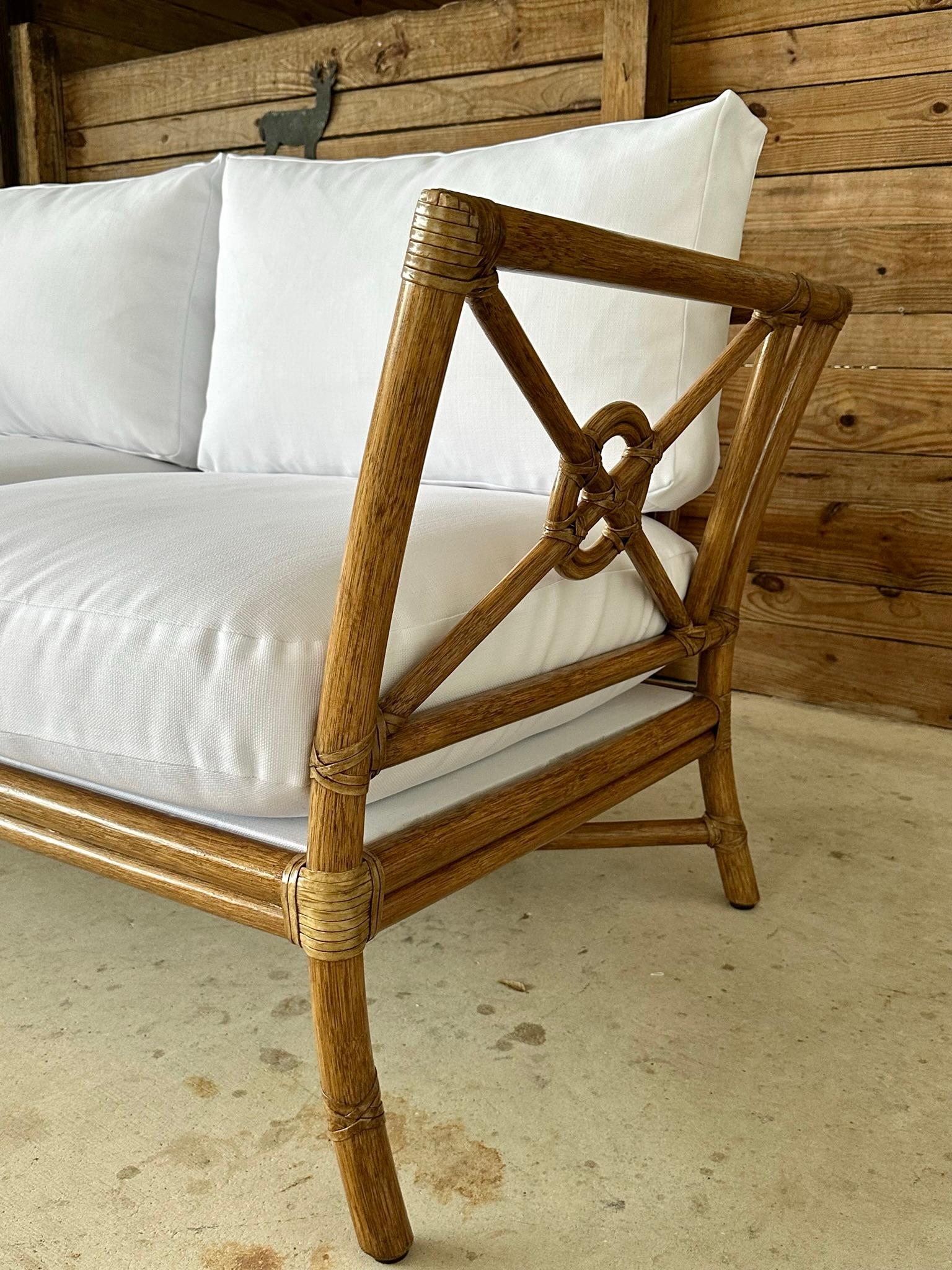 Hand-Crafted Mcguire Organic Modern Rattan Target Sette Loveseat Custom Upholstered For Sale