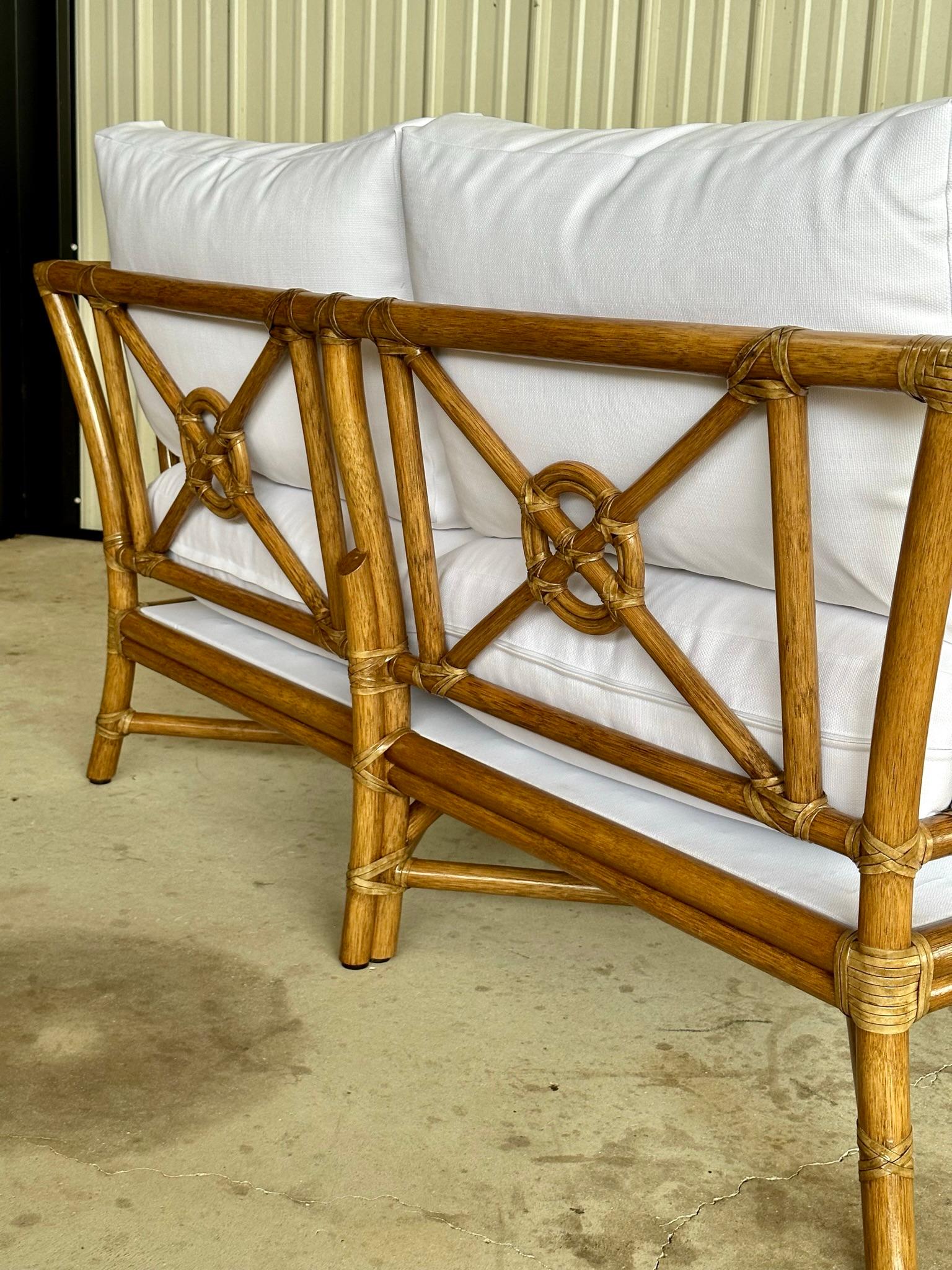 20th Century Mcguire Organic Modern Rattan Target Sette Loveseat Custom Upholstered For Sale
