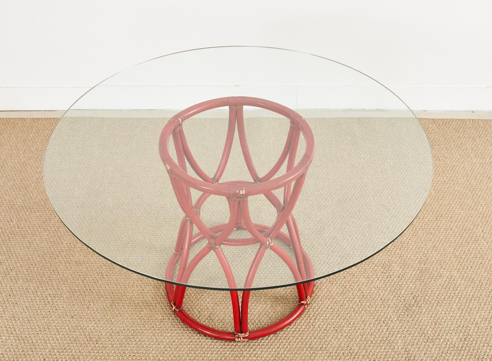 McGuire Organic Modern Red Lacquered Rattan Pedestal Dining Table For Sale 4