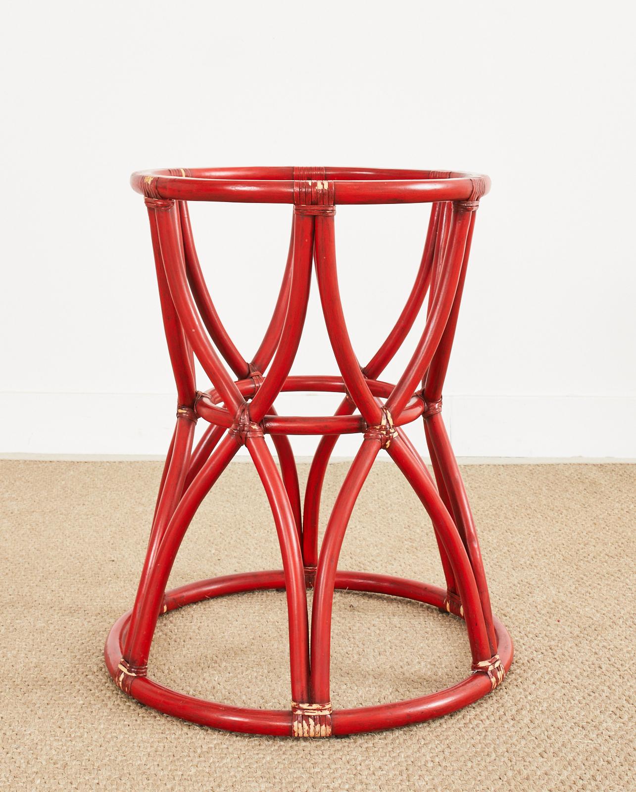 McGuire Organic Modern Red Lacquered Rattan Pedestal Dining Table For Sale 5