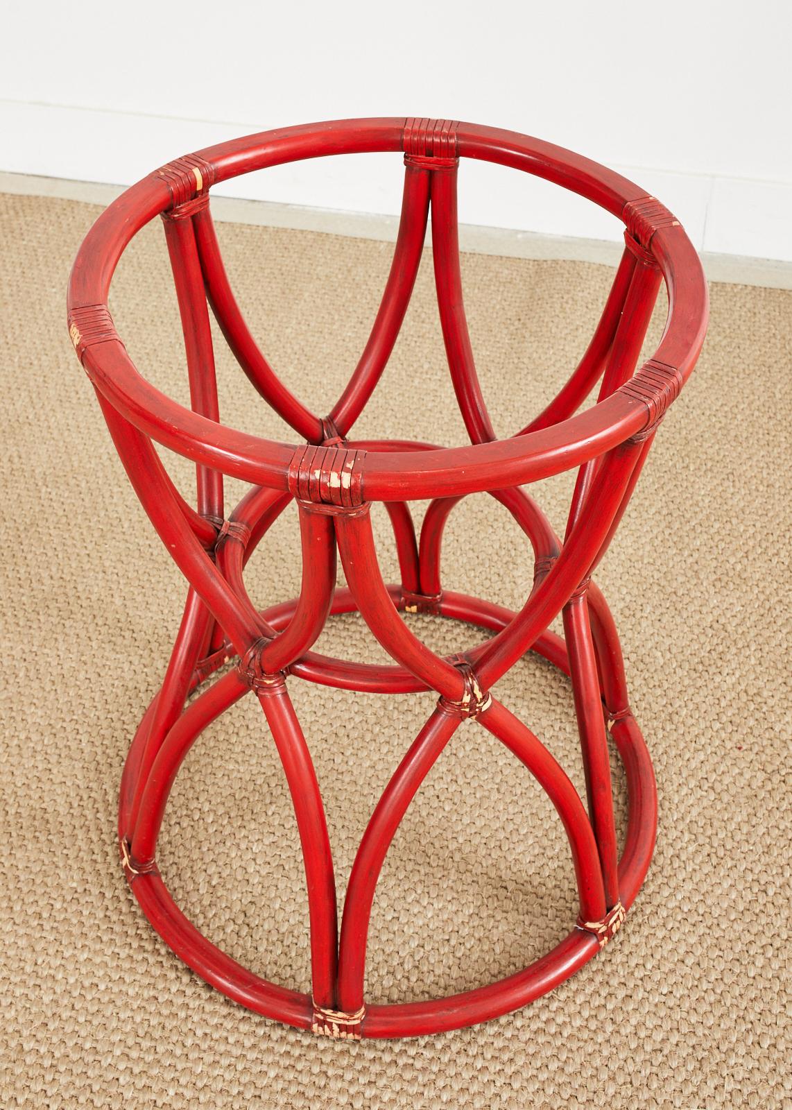McGuire Organic Modern Red Lacquered Rattan Pedestal Dining Table For Sale 6