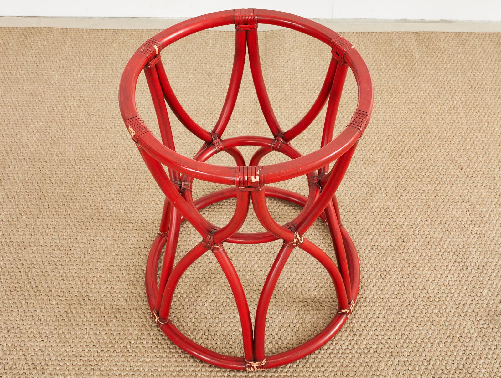 McGuire Organic Modern Red Lacquered Rattan Pedestal Dining Table For Sale 7