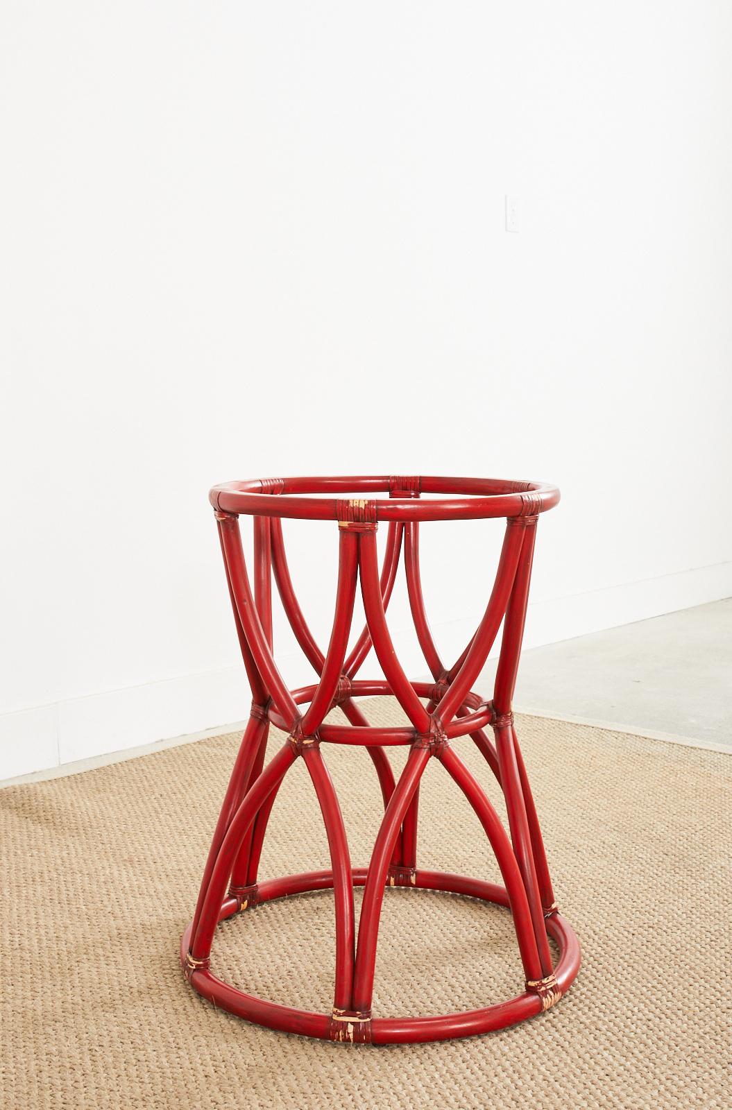 McGuire Organic Modern Red Lacquered Rattan Pedestal Dining Table For Sale 10