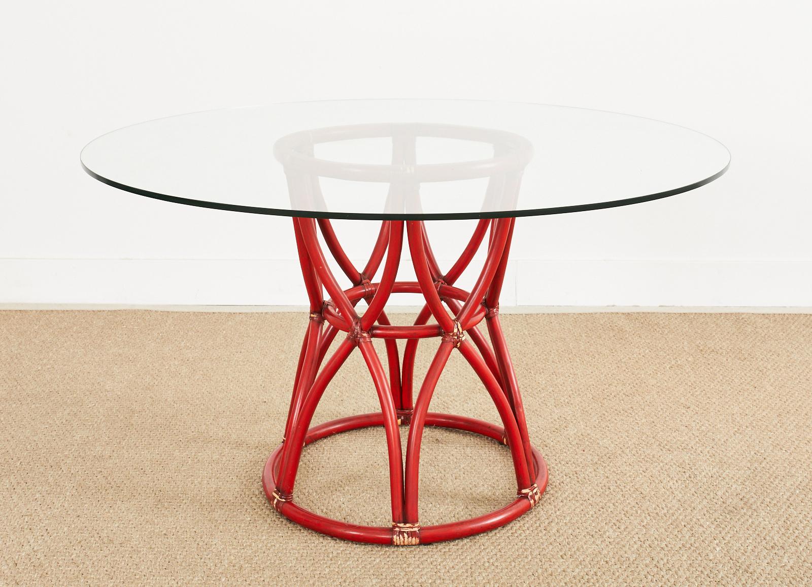 McGuire Organic Modern Red Lacquered Rattan Pedestal Dining Table For Sale 13