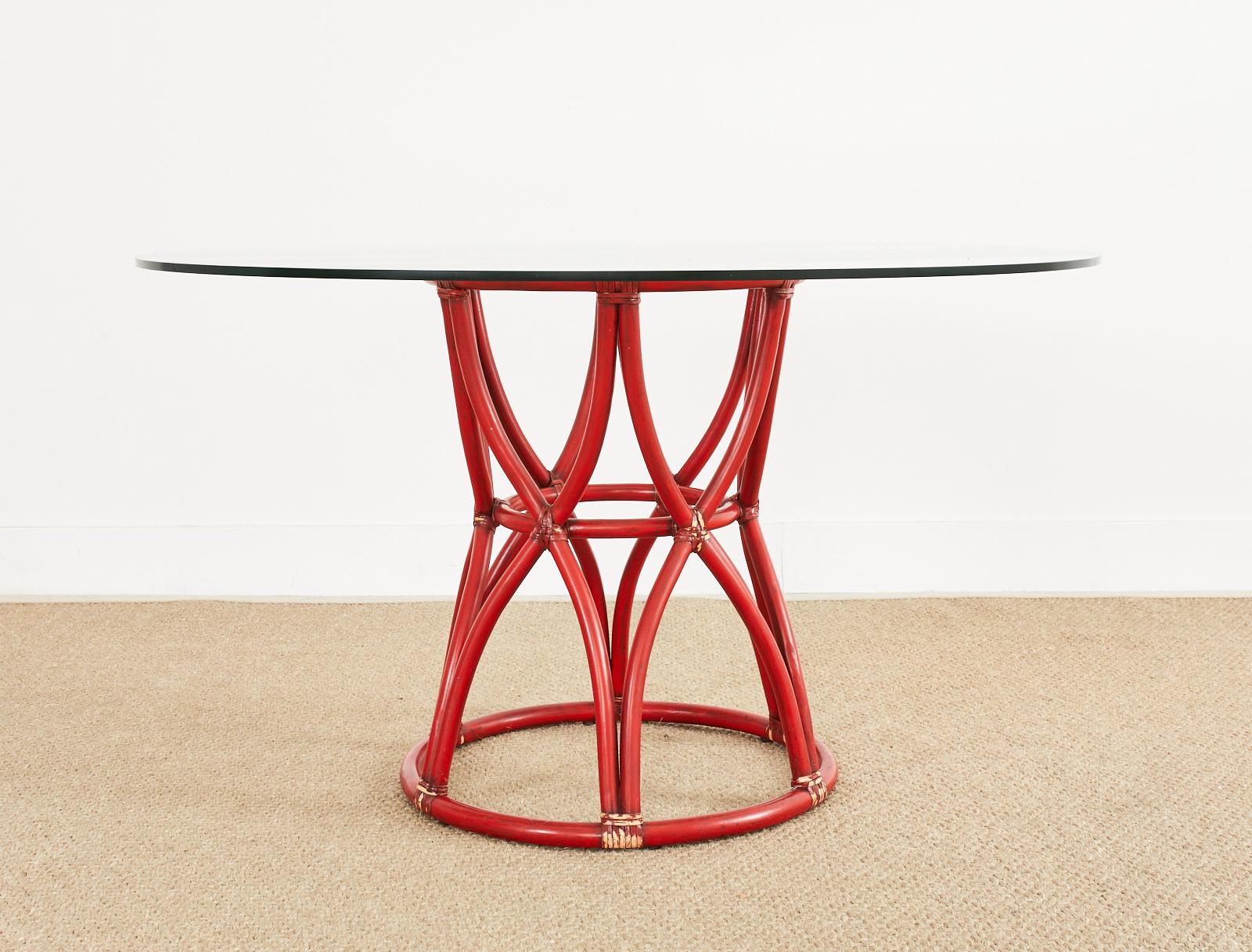 American McGuire Organic Modern Red Lacquered Rattan Pedestal Dining Table For Sale