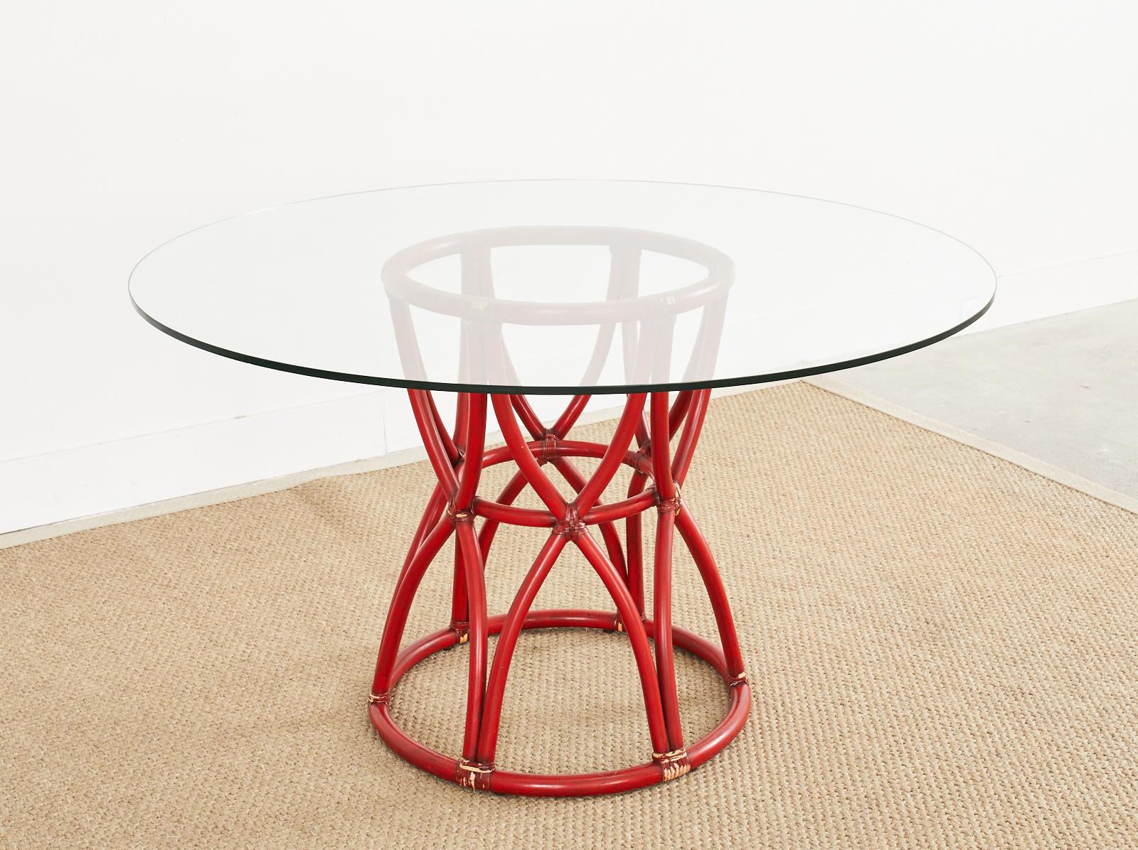McGuire Organic Modern Red Lacquered Rattan Pedestal Dining Table In Good Condition For Sale In Rio Vista, CA