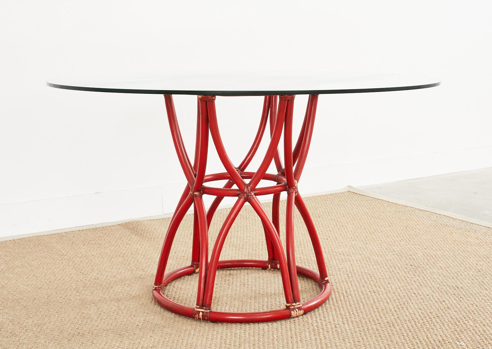 20th Century McGuire Organic Modern Red Lacquered Rattan Pedestal Dining Table For Sale