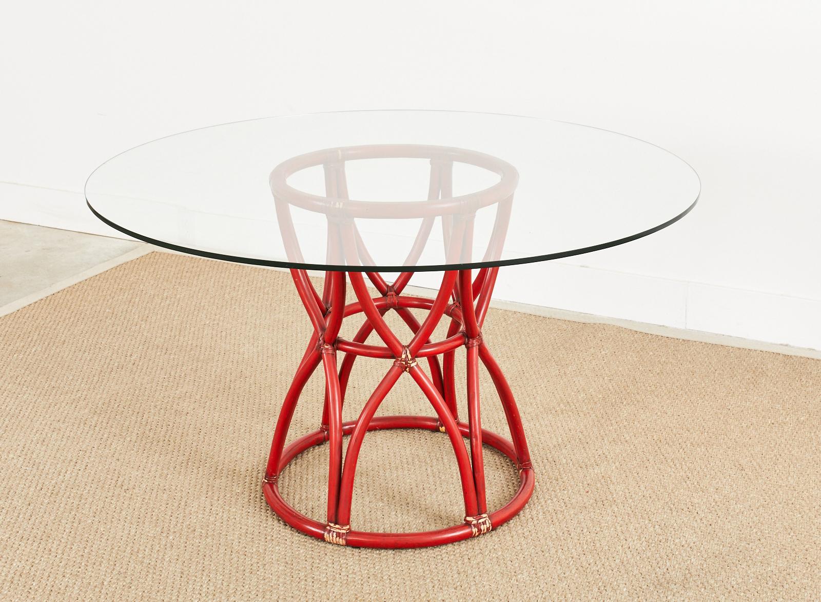 Leather McGuire Organic Modern Red Lacquered Rattan Pedestal Dining Table For Sale