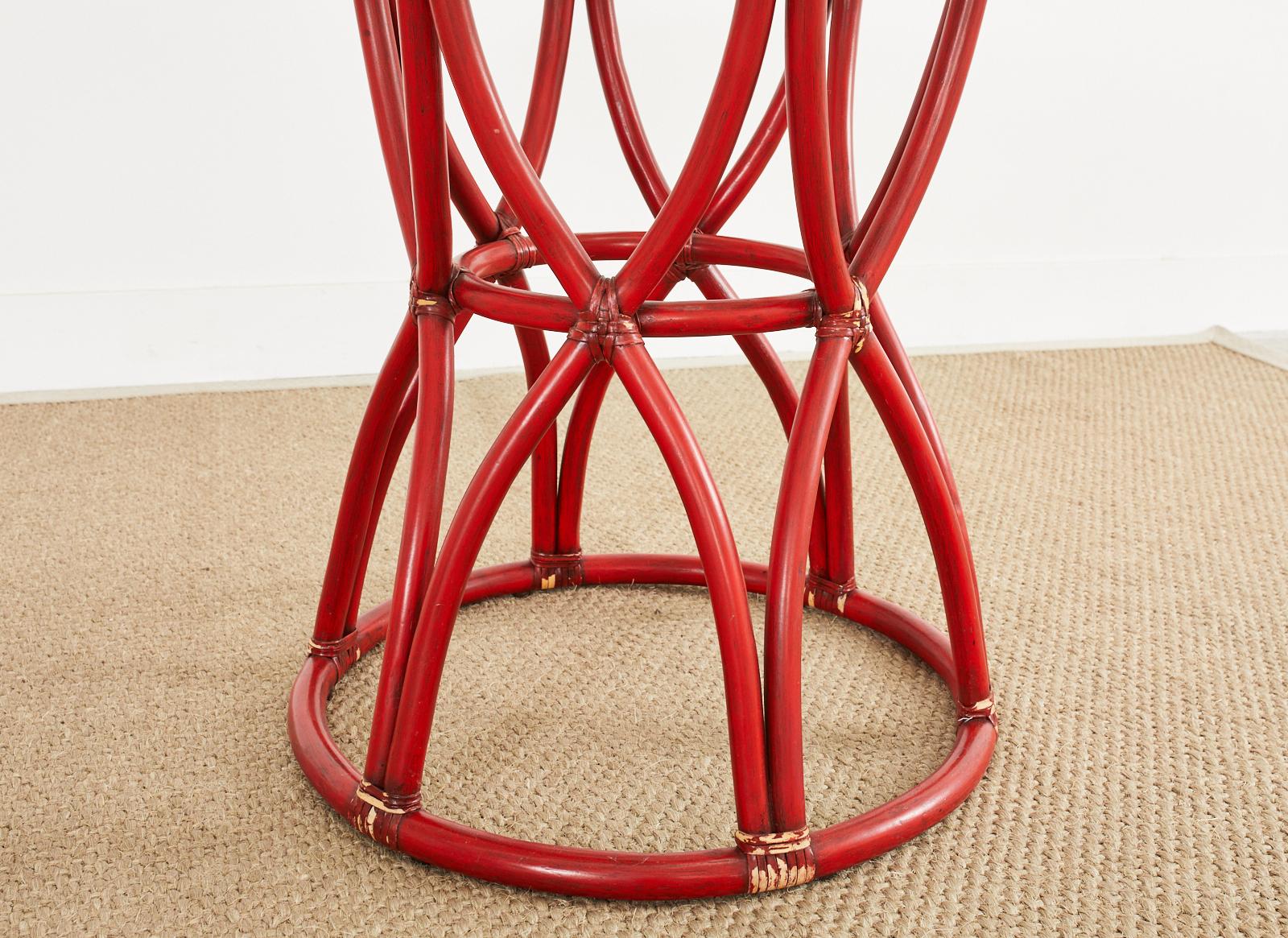 McGuire Organic Modern Red Lacquered Rattan Pedestal Dining Table For Sale 1