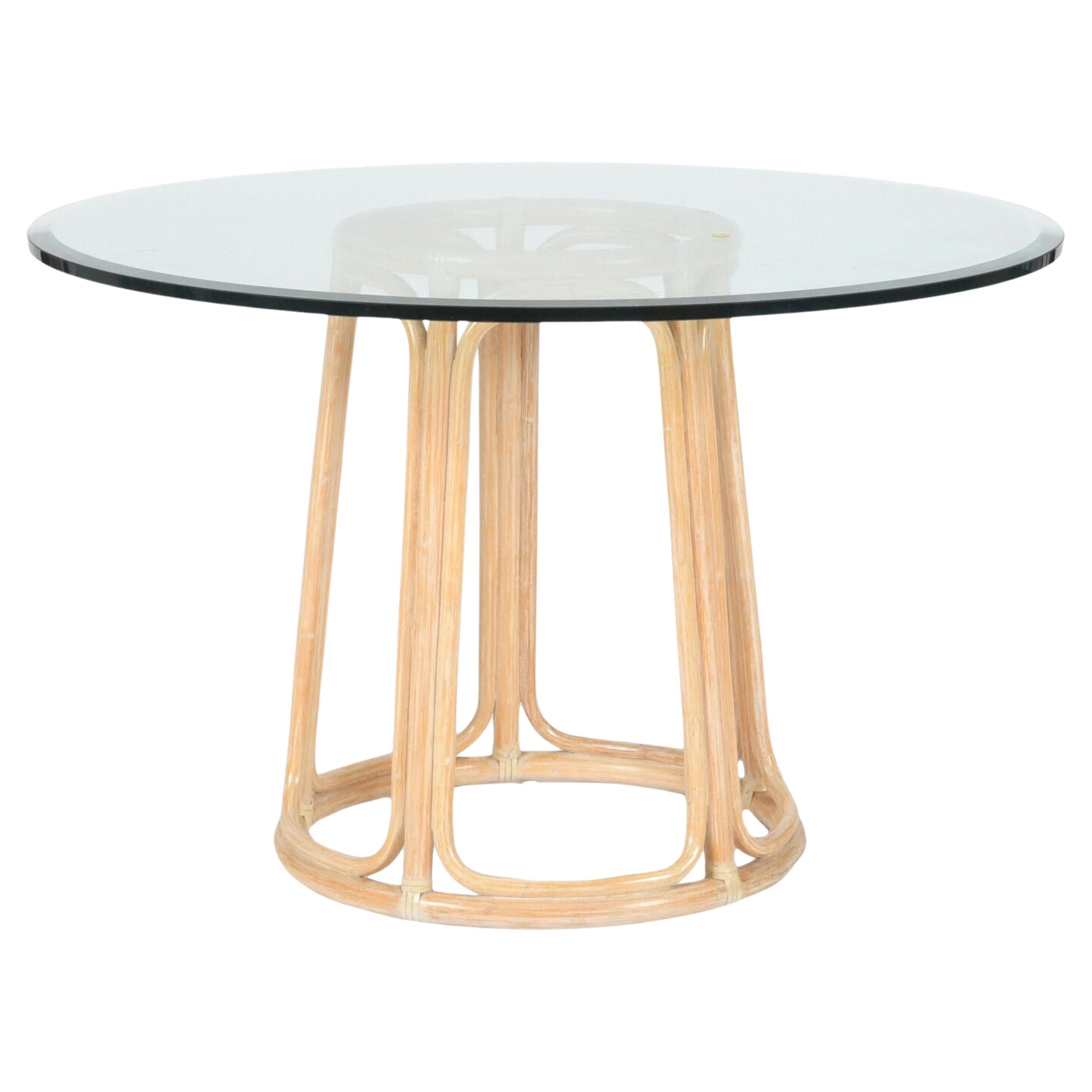 McGuire Organic Modern Round Glass and Rattan Pedestal Dining Table For Sale