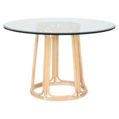 Retro McGuire Organic Modern Round Glass and Rattan Pedestal Dining Table