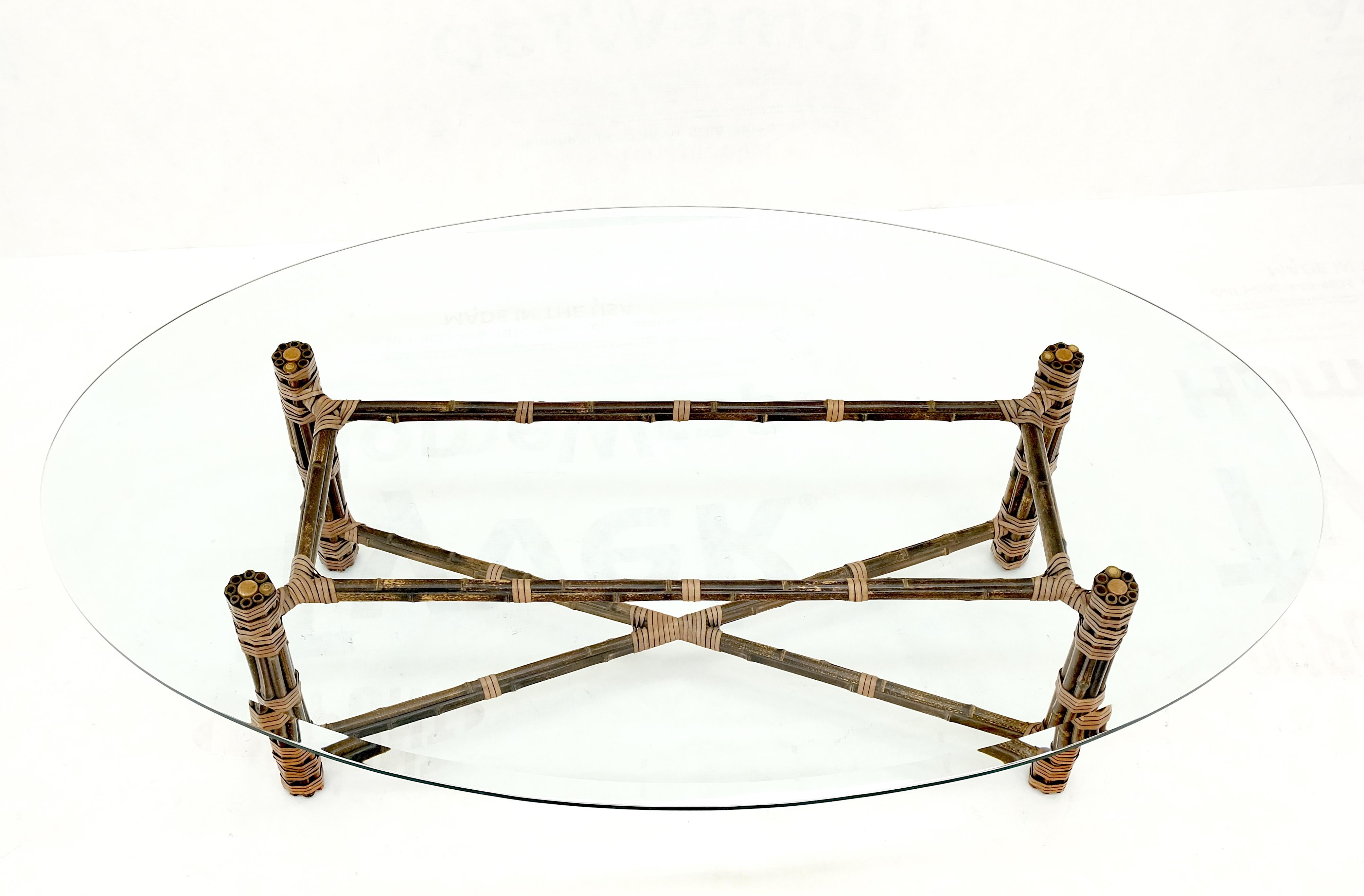 McGuire Oval Glass Top Bamboo & Leather Coffee Table MINT! For Sale 7