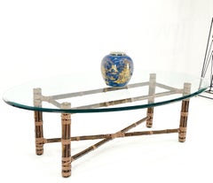 McGuire Oval Glass Top Bamboo & Leather Coffee Table MINT!