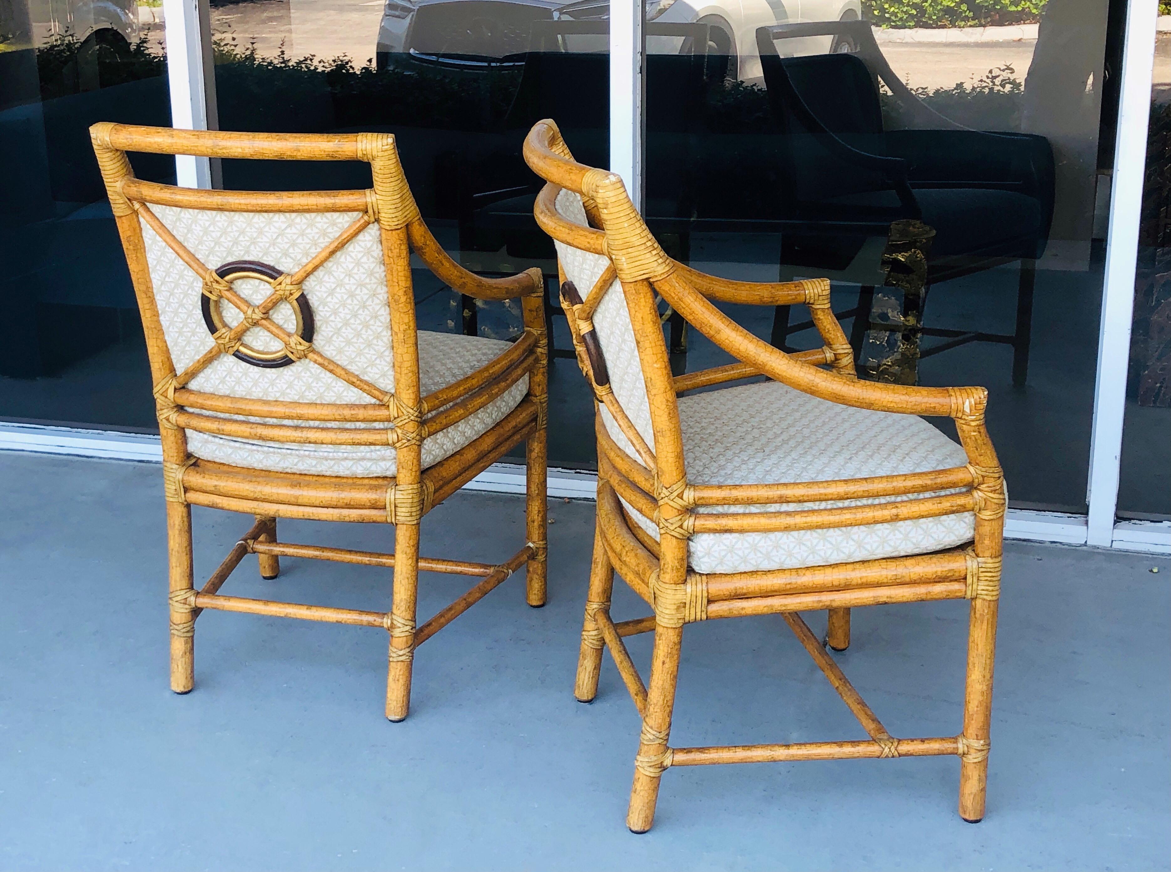 Late 20th Century McGuire Pair of Arm Lounge Dining Chairs, Custom Finish For Sale