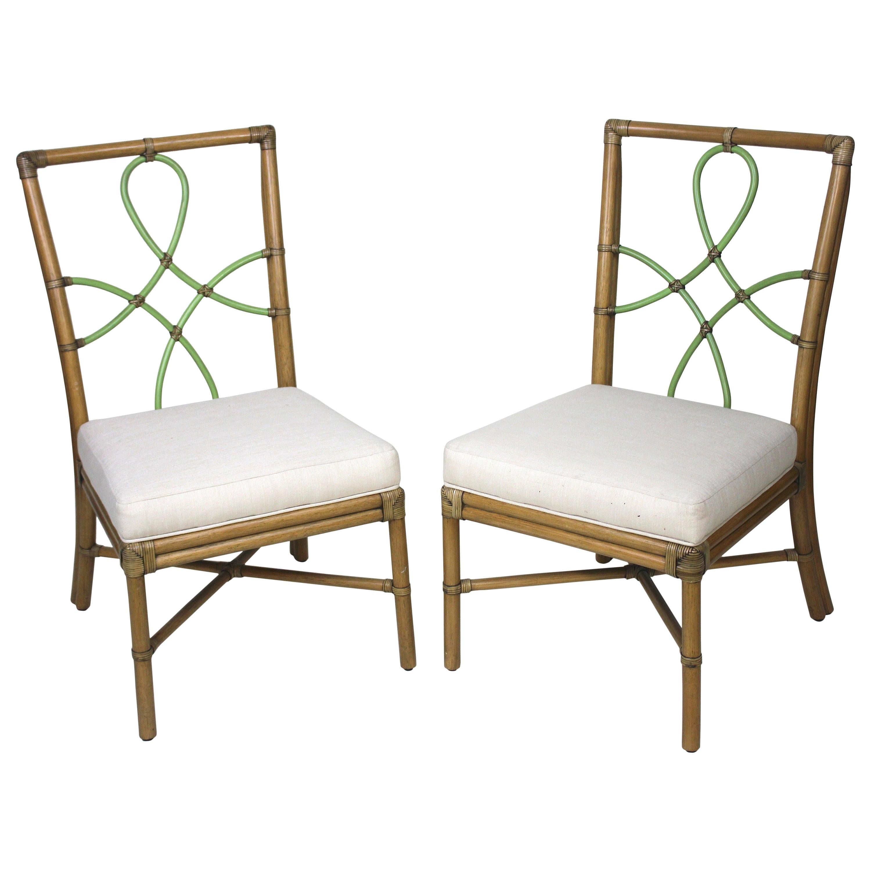 McGuire Pair of Bamboo Side Chairs Diamond Ribbon Back For Sale