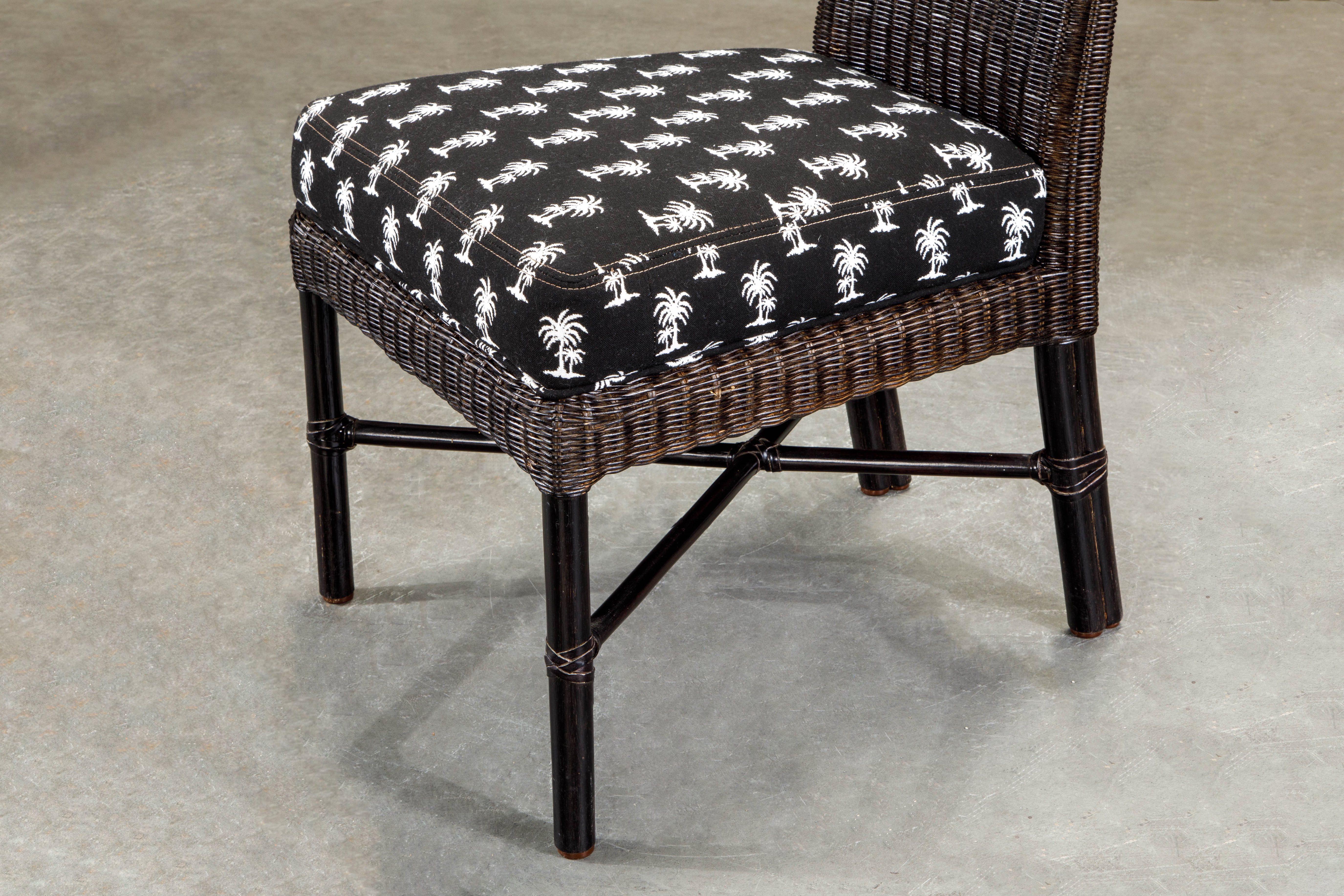 McGuire Rattan and Bamboo Cafe Side Chairs with Palm Tree Print Seats, Signed For Sale 1