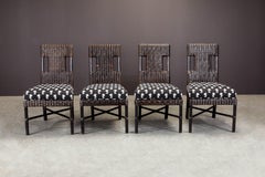 McGuire Rattan and Bamboo Cafe Side Chairs with Palm Tree Print Seats, Signed