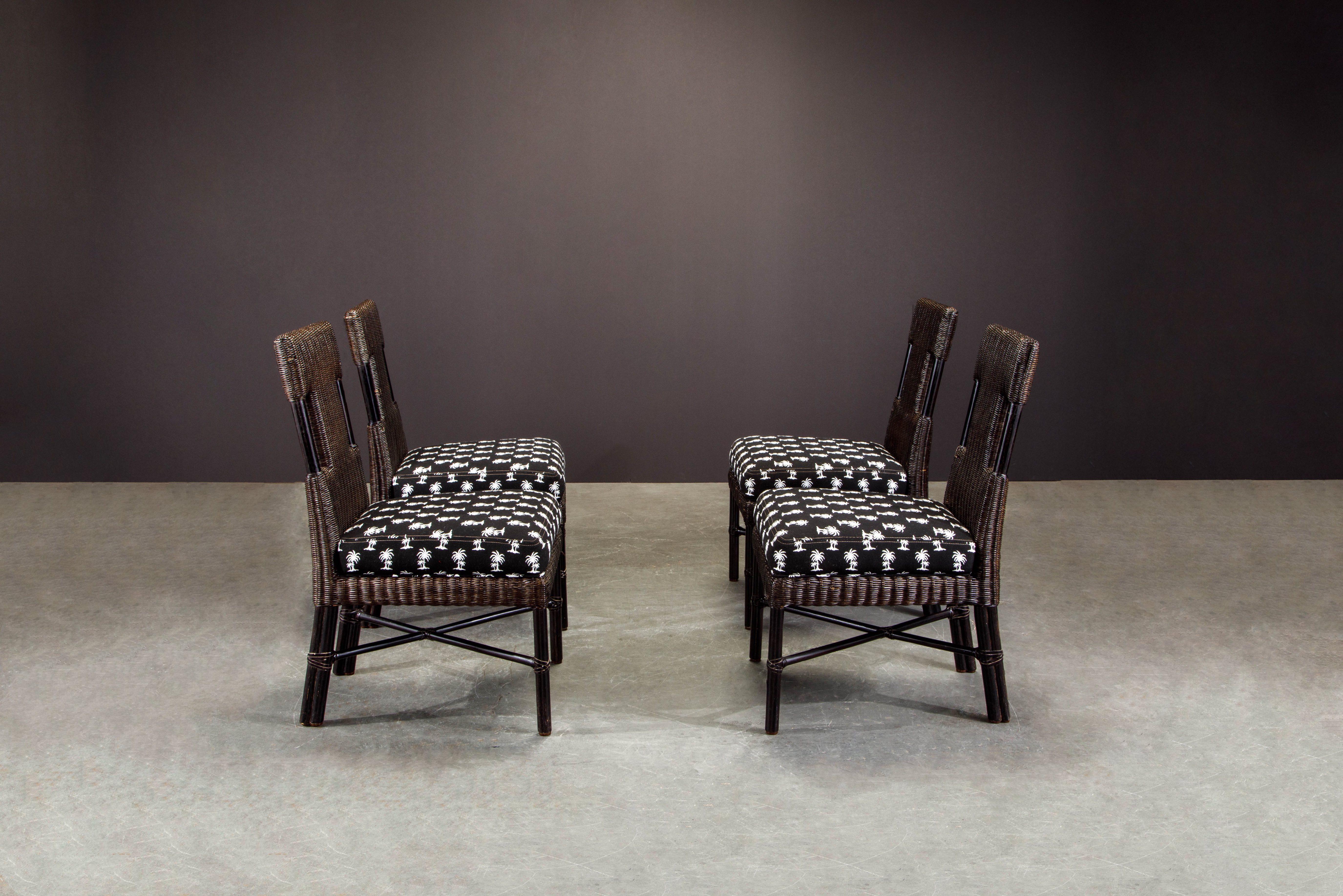 McGuire-Kaffee-Beistellstühle aus Rattan und Bambus mit Palmenmuster und Sitzen, signiert (amerikanisch) im Angebot