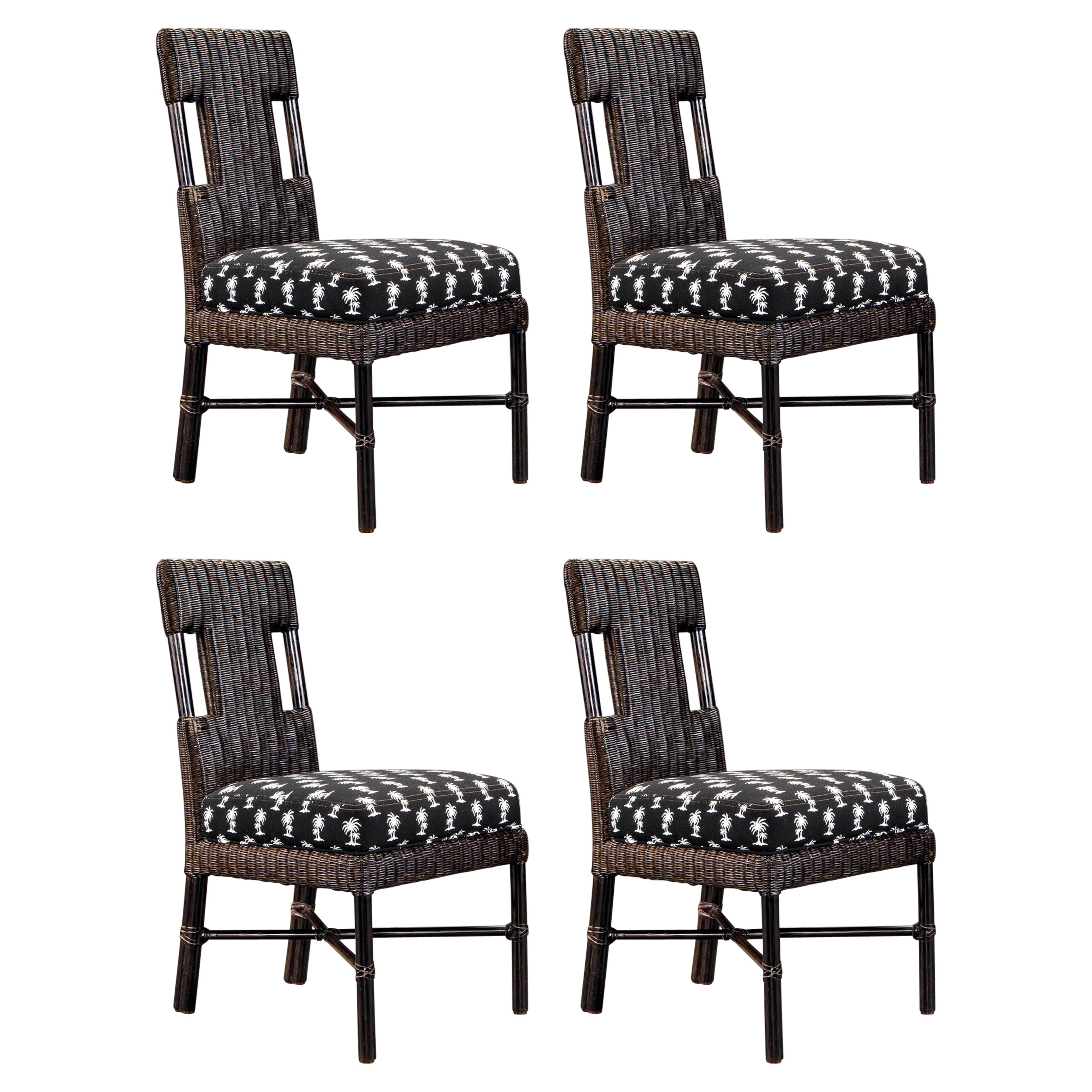 Chaises d'appoint McGuire en rotin et bambou avec sièges imprimés palmier, signées