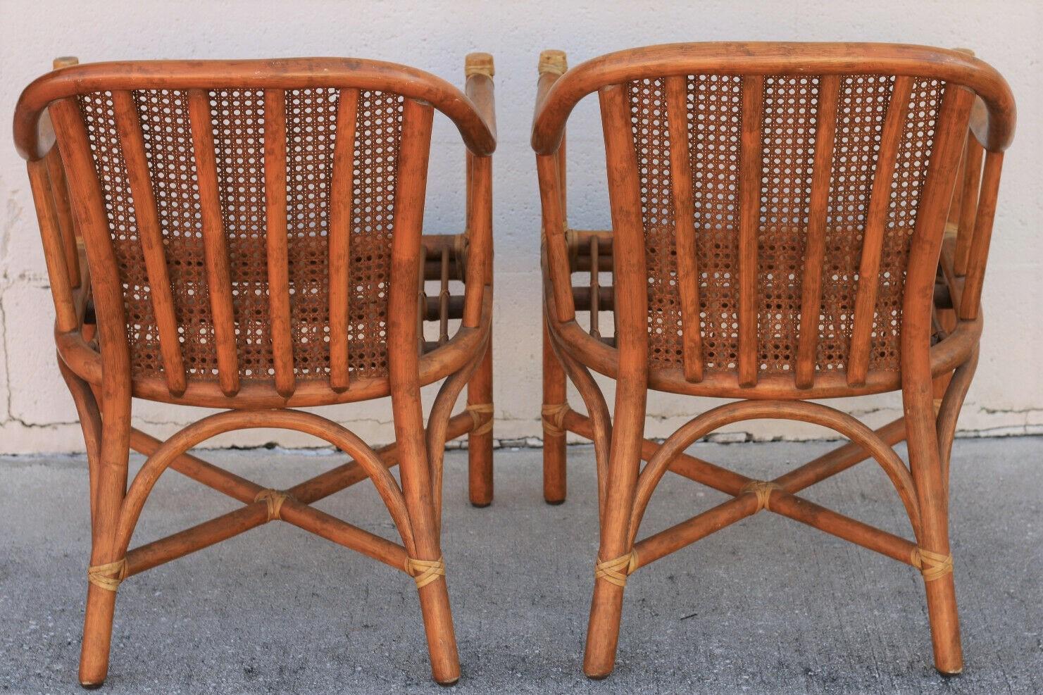Leather McGuire Rattan and Cane Barrel Dining Chairs, a Set of Four