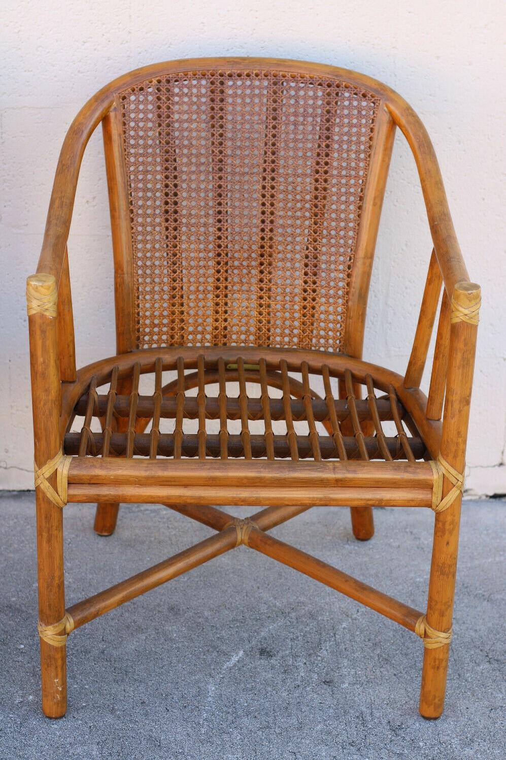 American McGuire Rattan and Cane Barrel Dining Chairs, a Set of Four