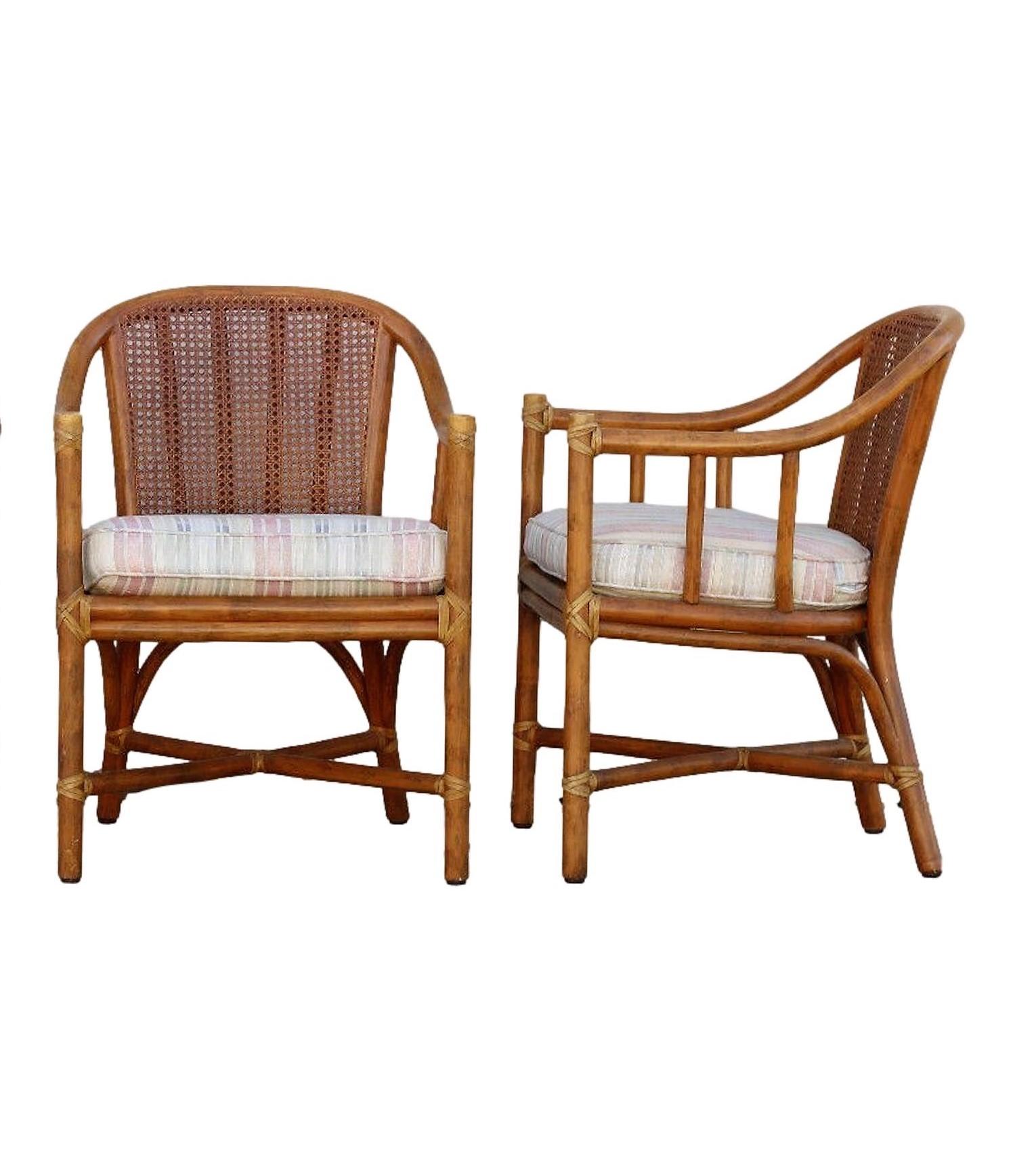 20th Century McGuire Rattan and Cane Barrel Dining Chairs, a Set of Four