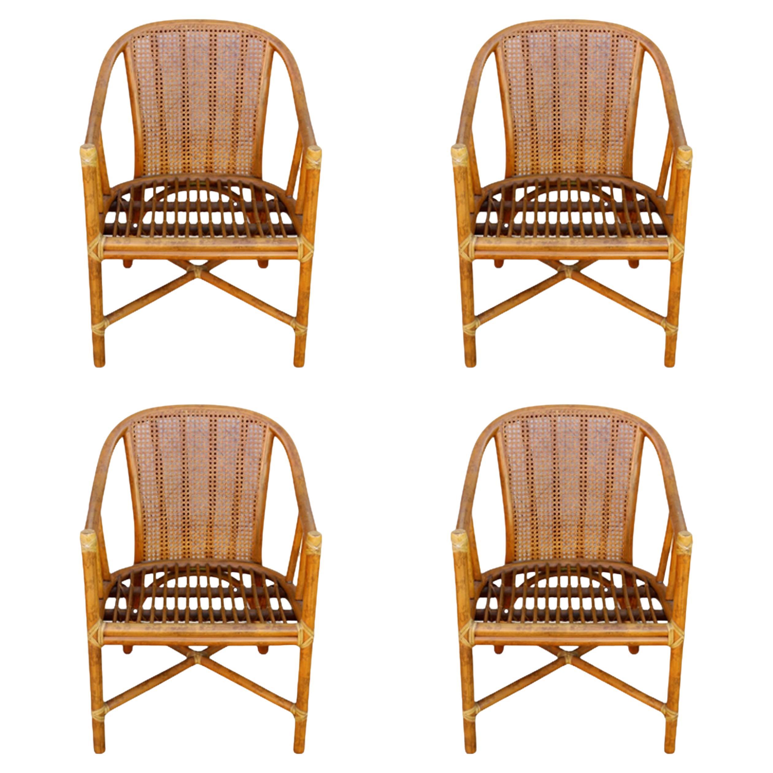 Stick Rattan Spindle Barrel Dining Arm Chair, Four Set For Sale at 1stDibs