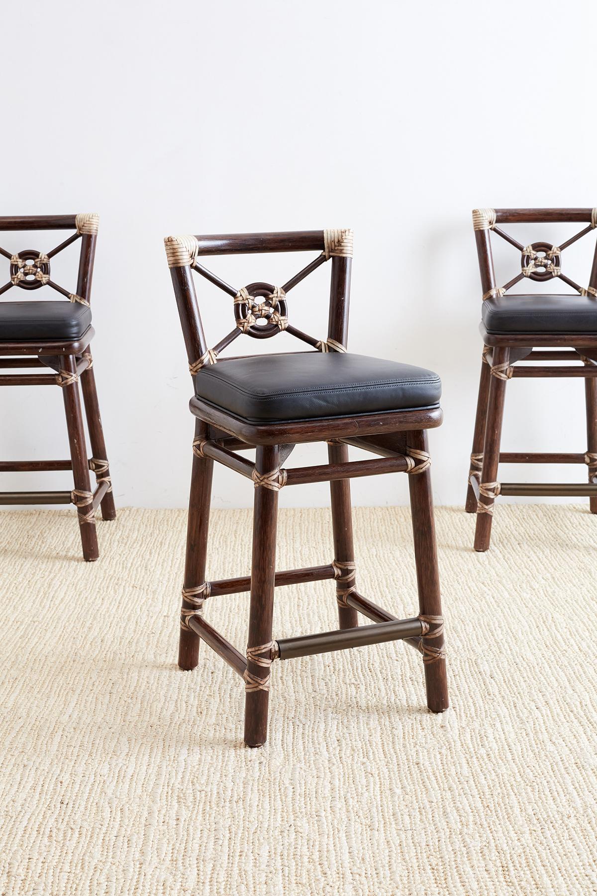 American McGuire Rattan and Leather Target Design Counter Barstools