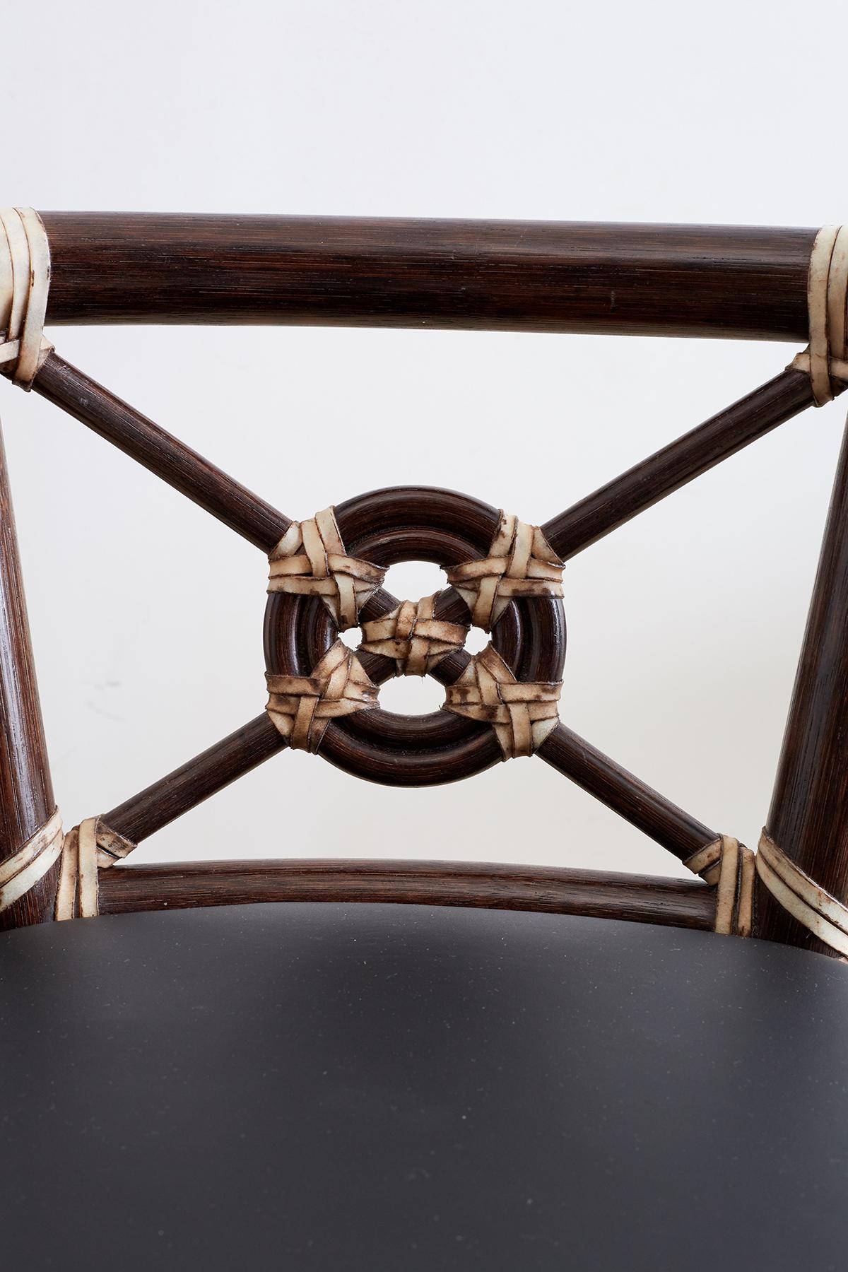 Hand-Crafted McGuire Rattan and Leather Target Design Counter Barstools