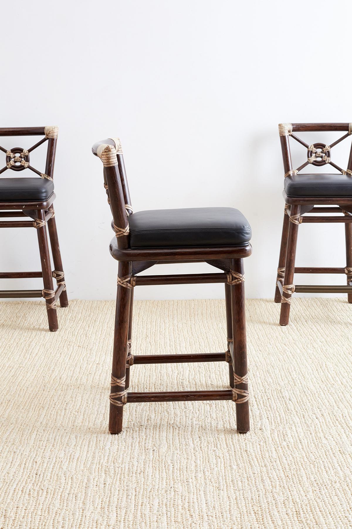McGuire Rattan and Leather Target Design Counter Barstools In Good Condition In Rio Vista, CA