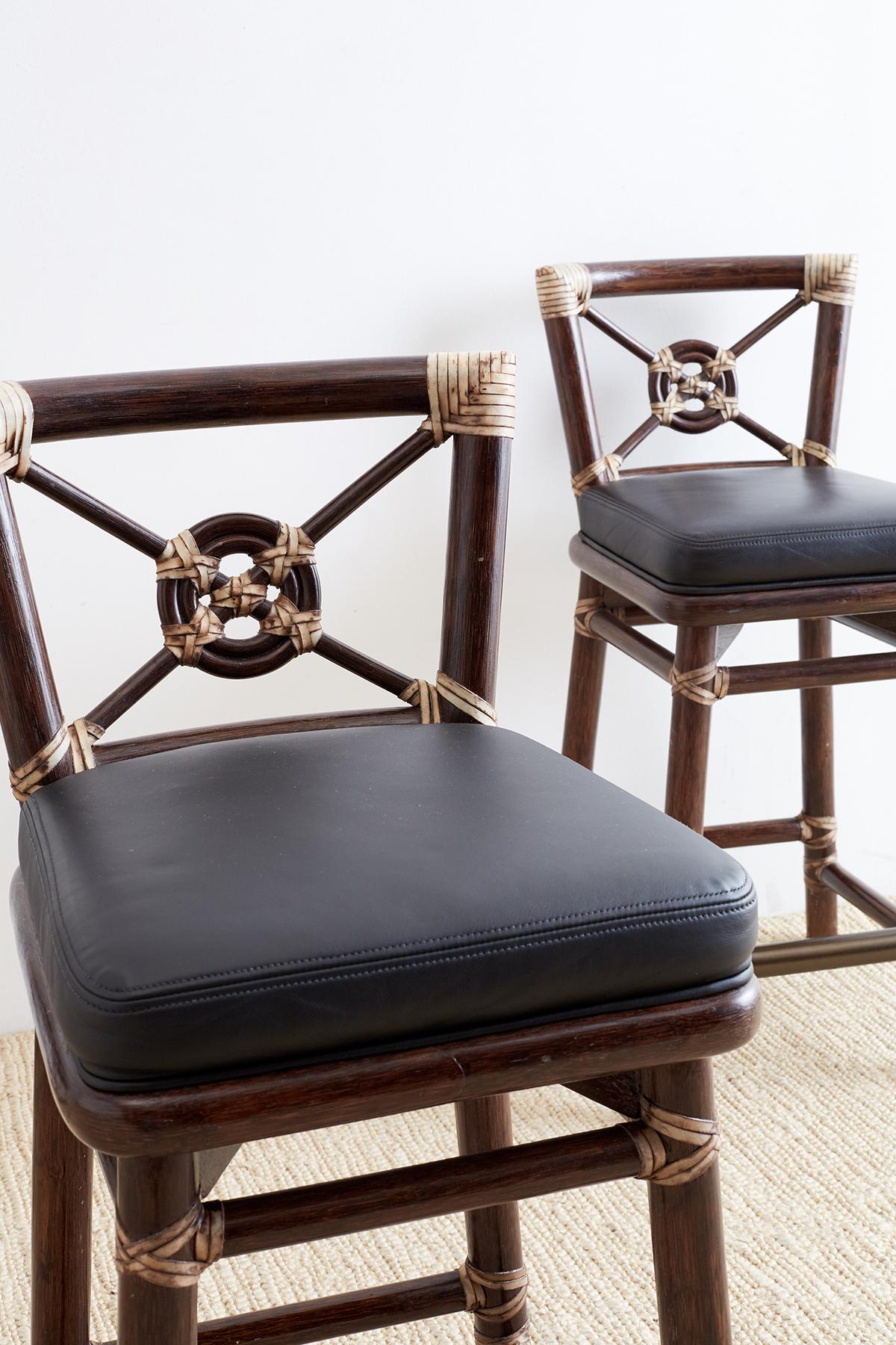 20th Century McGuire Rattan and Leather Target Design Counter Barstools
