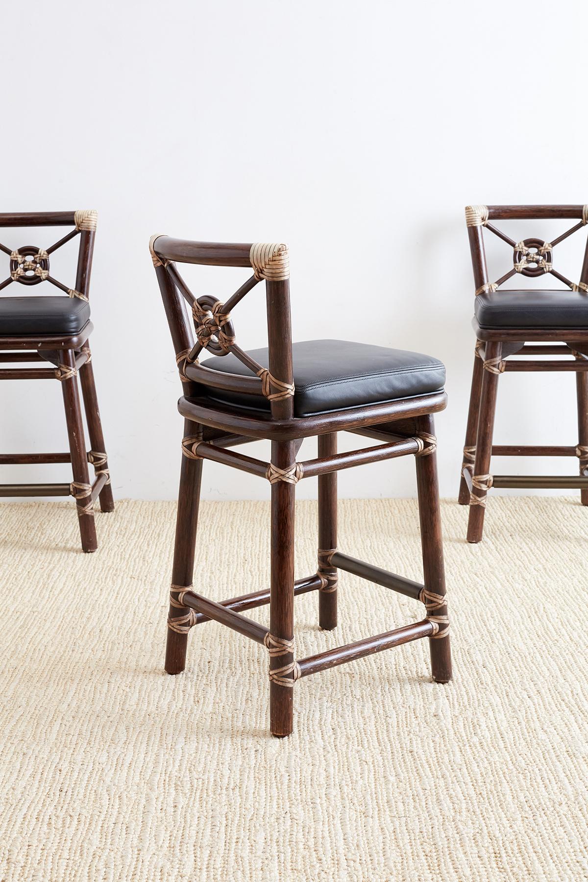 Wood McGuire Rattan and Leather Target Design Counter Barstools