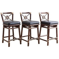 McGuire Rattan and Leather Target Design Counter Barstools