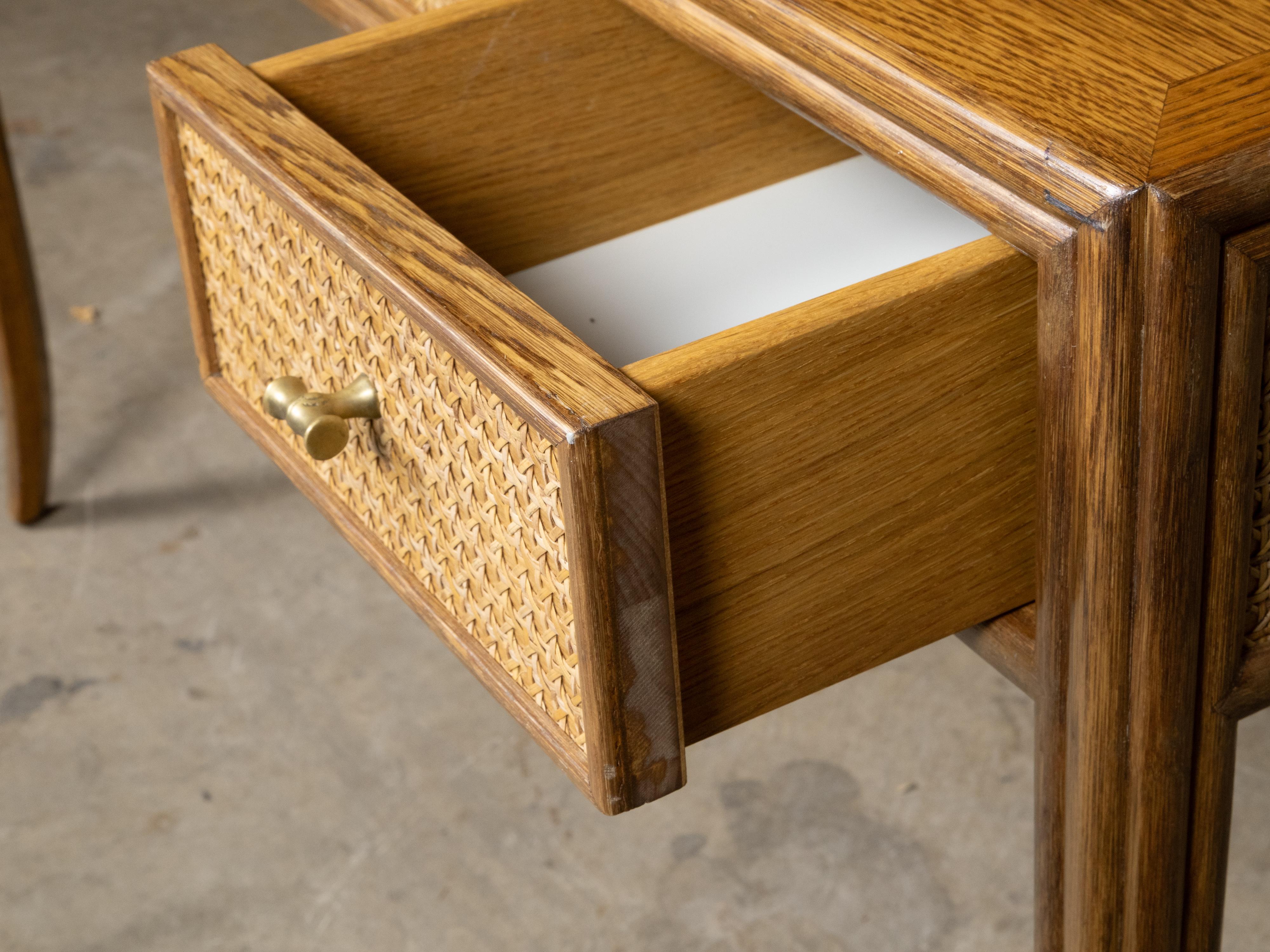 McGuire Rattan and Midcentury Oak Writing Desk with Three Drawer and Saber Legs 4