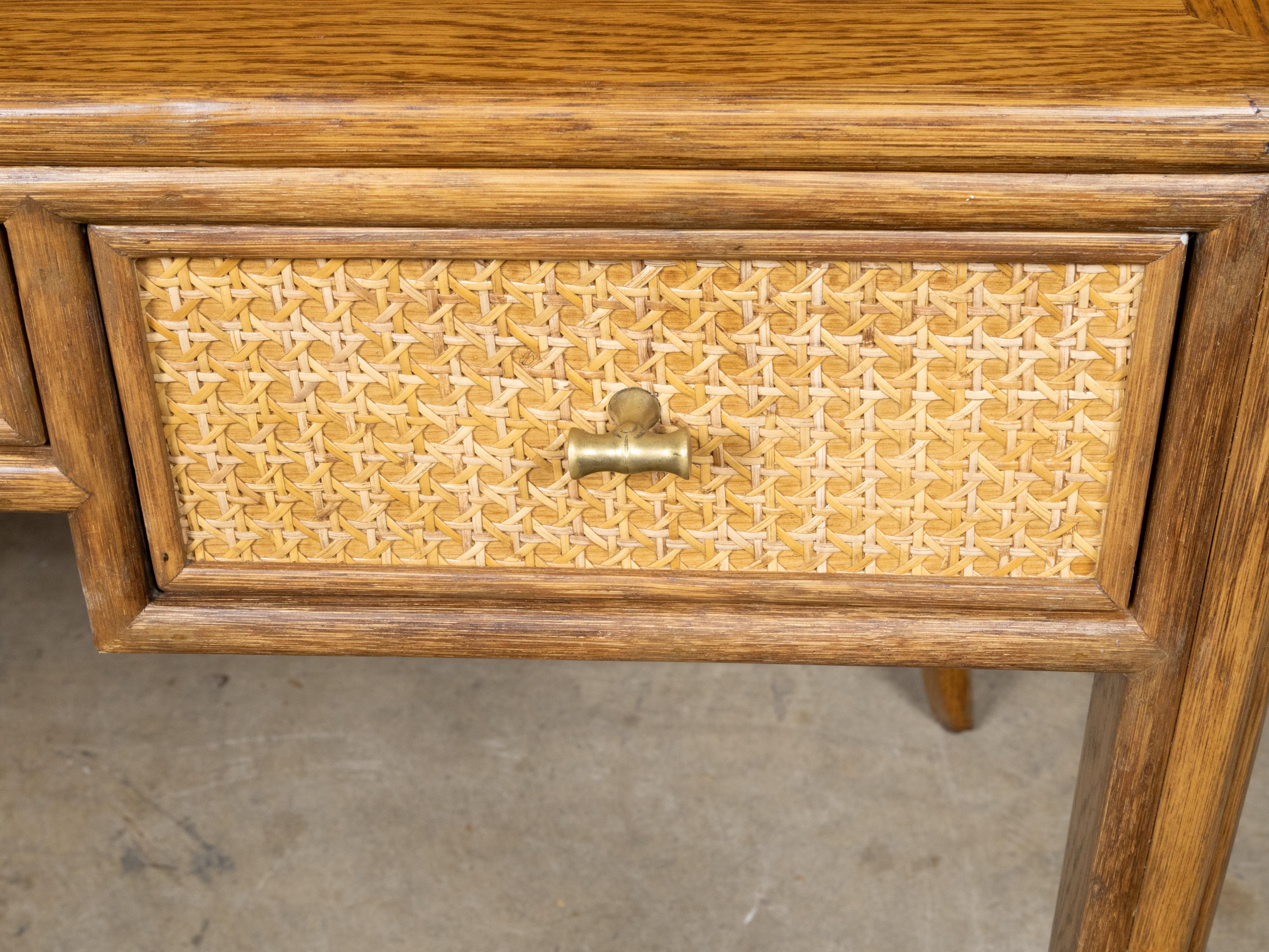 McGuire Rattan and Midcentury Oak Writing Desk with Three Drawer and Saber Legs 8