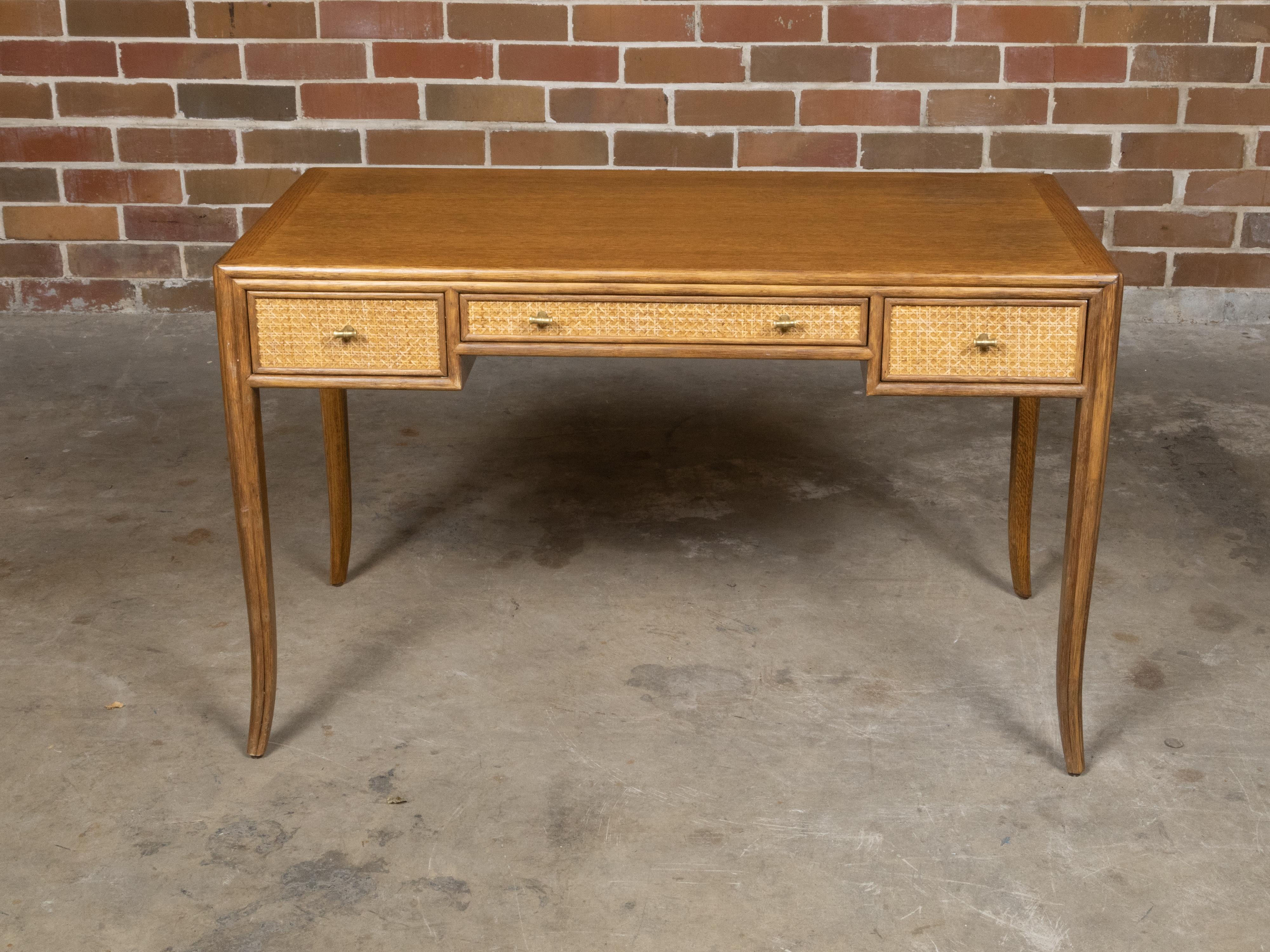 McGuire Rattan and Midcentury Oak Writing Desk with Three Drawer and Saber Legs 9