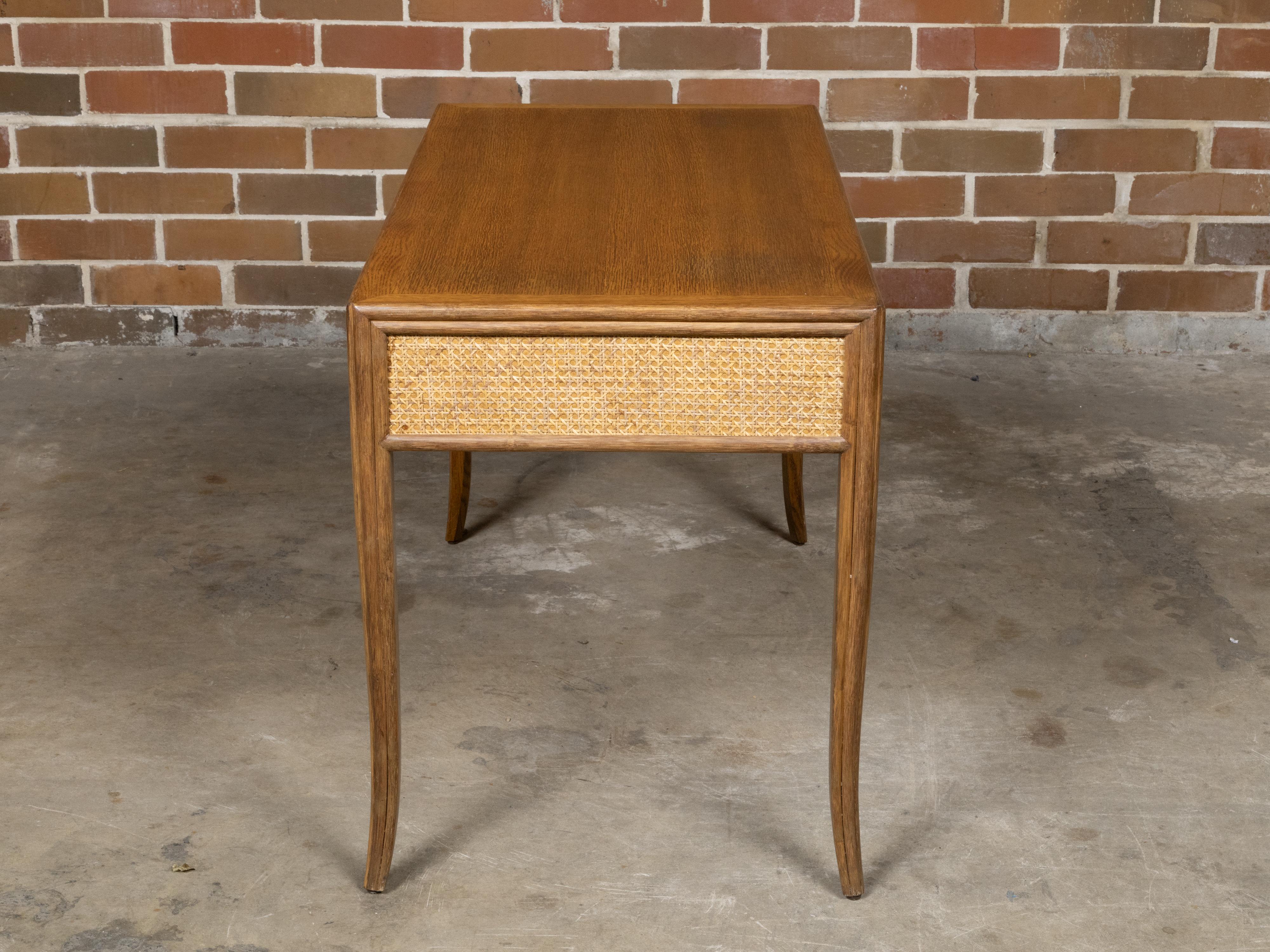 Mid-Century Modern McGuire Rattan and Midcentury Oak Writing Desk with Three Drawer and Saber Legs