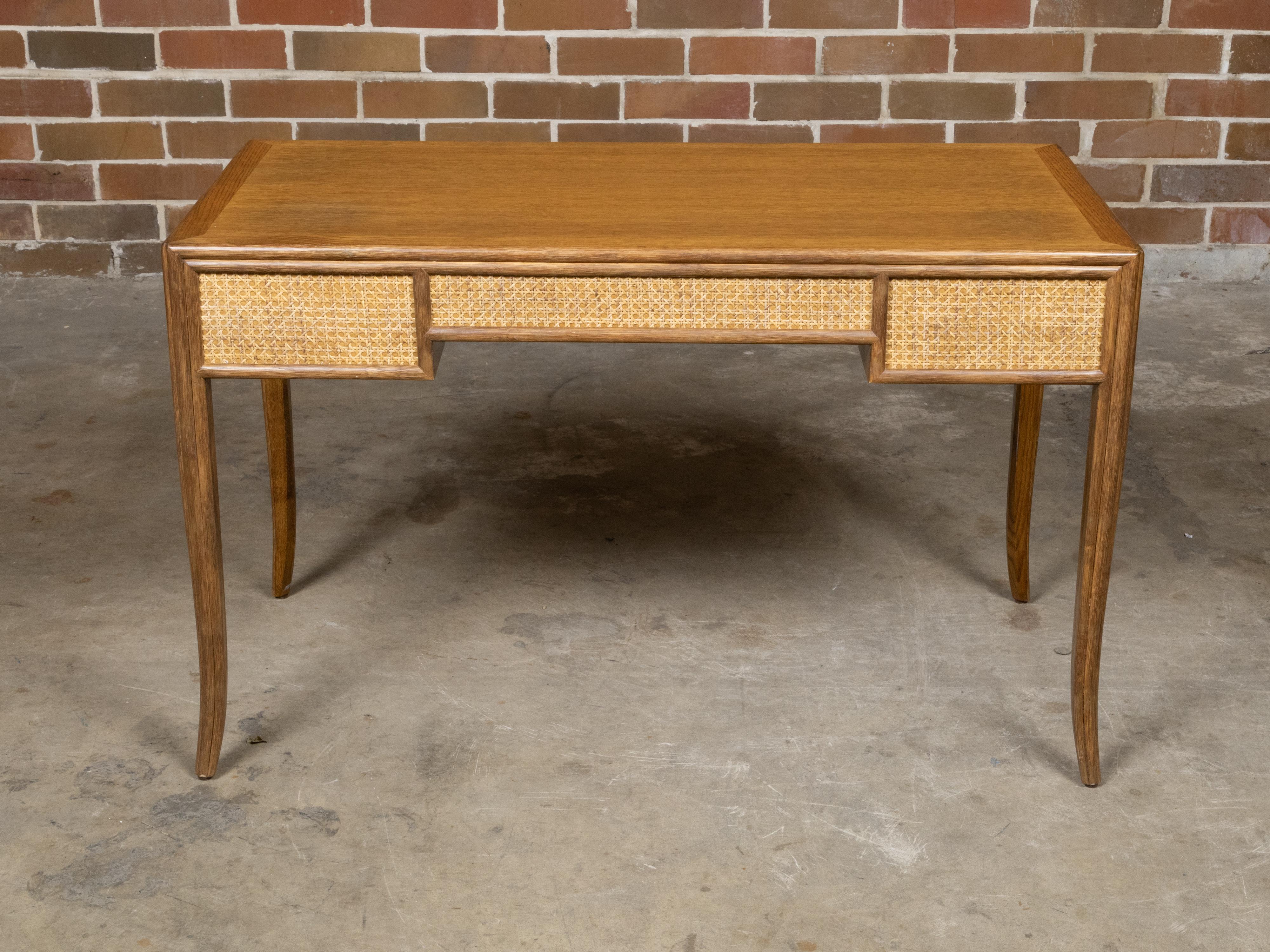 American McGuire Rattan and Midcentury Oak Writing Desk with Three Drawer and Saber Legs