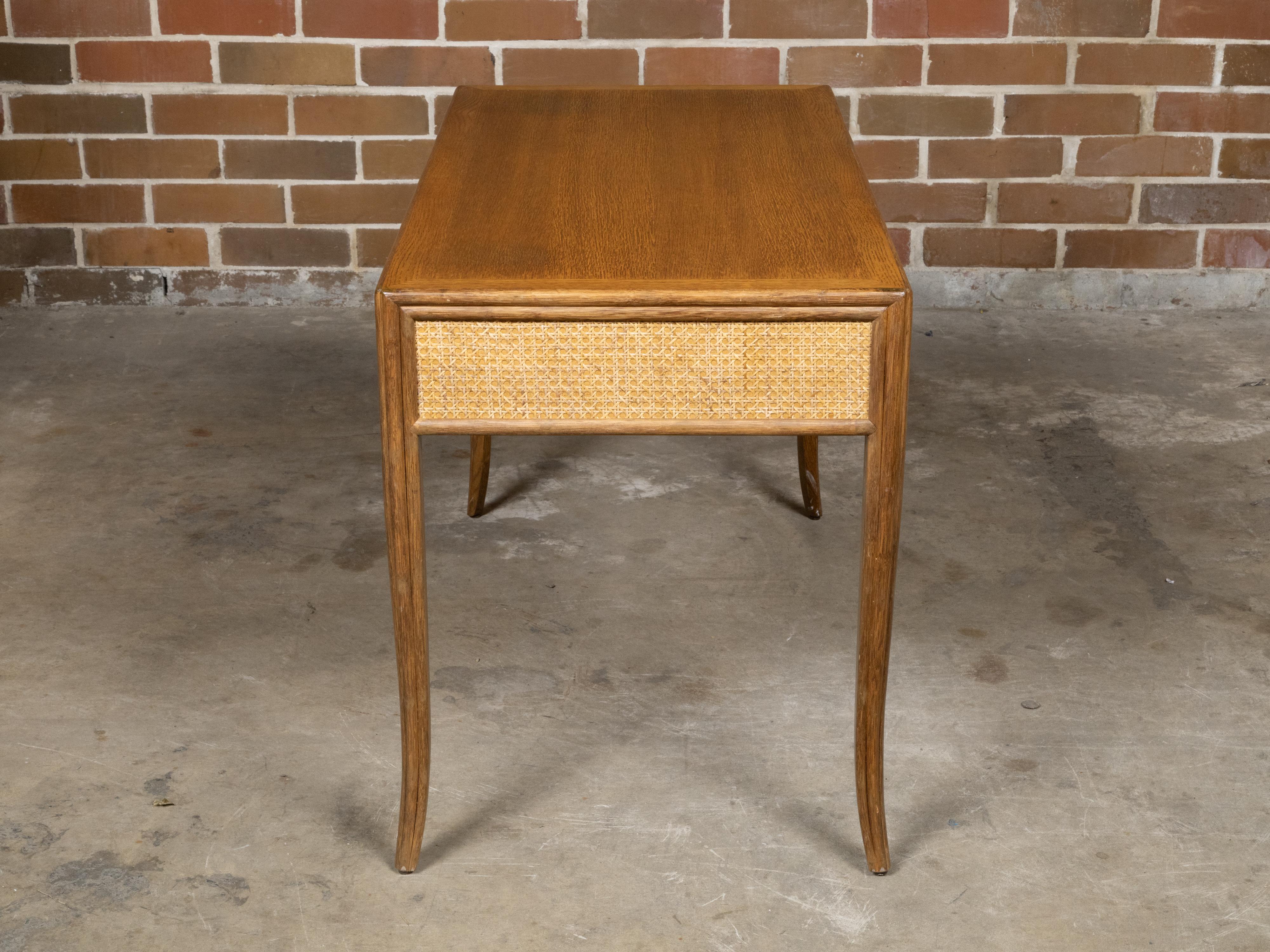 McGuire Rattan and Midcentury Oak Writing Desk with Three Drawer and Saber Legs In Good Condition In Atlanta, GA