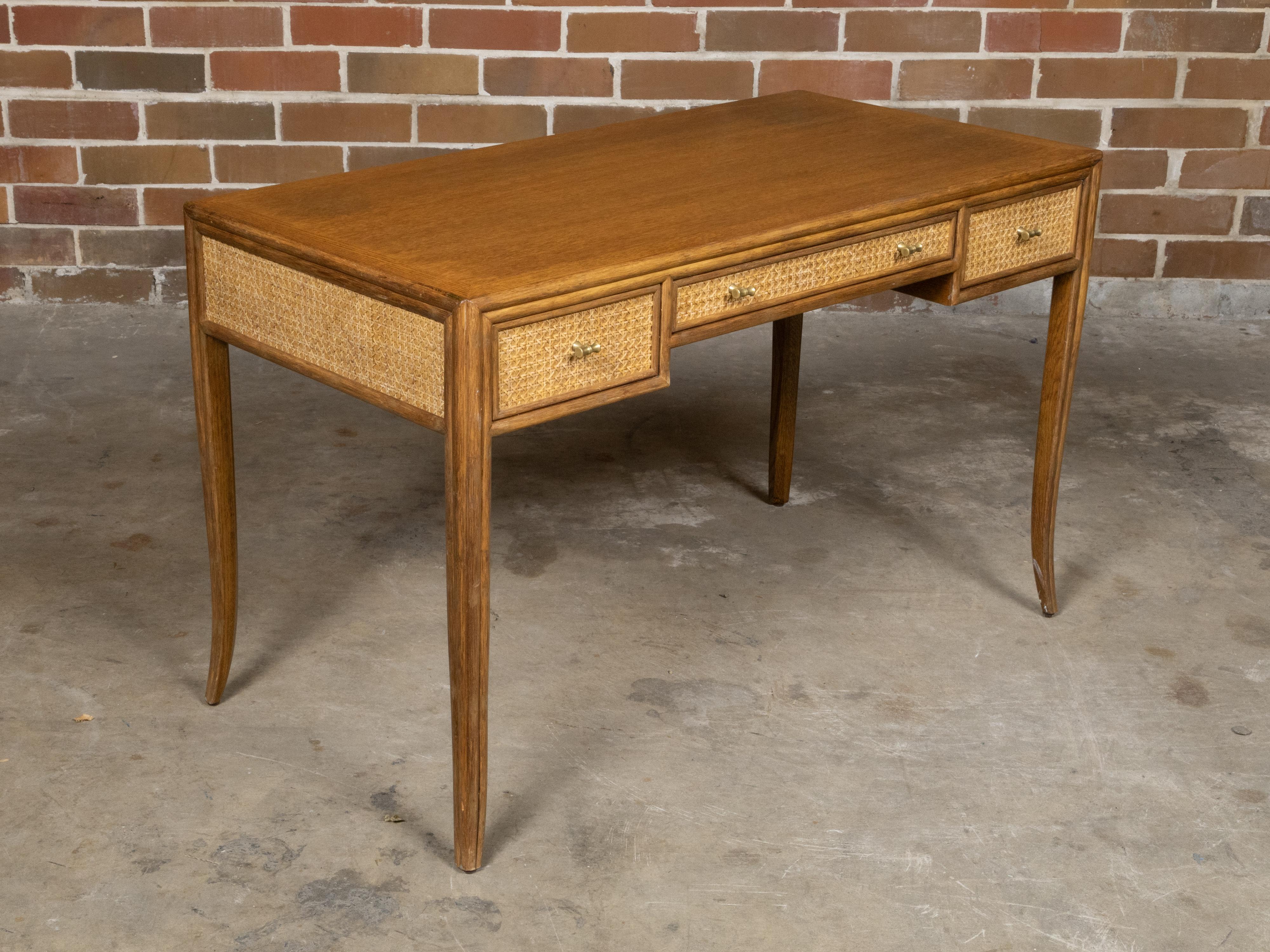 20th Century McGuire Rattan and Midcentury Oak Writing Desk with Three Drawer and Saber Legs
