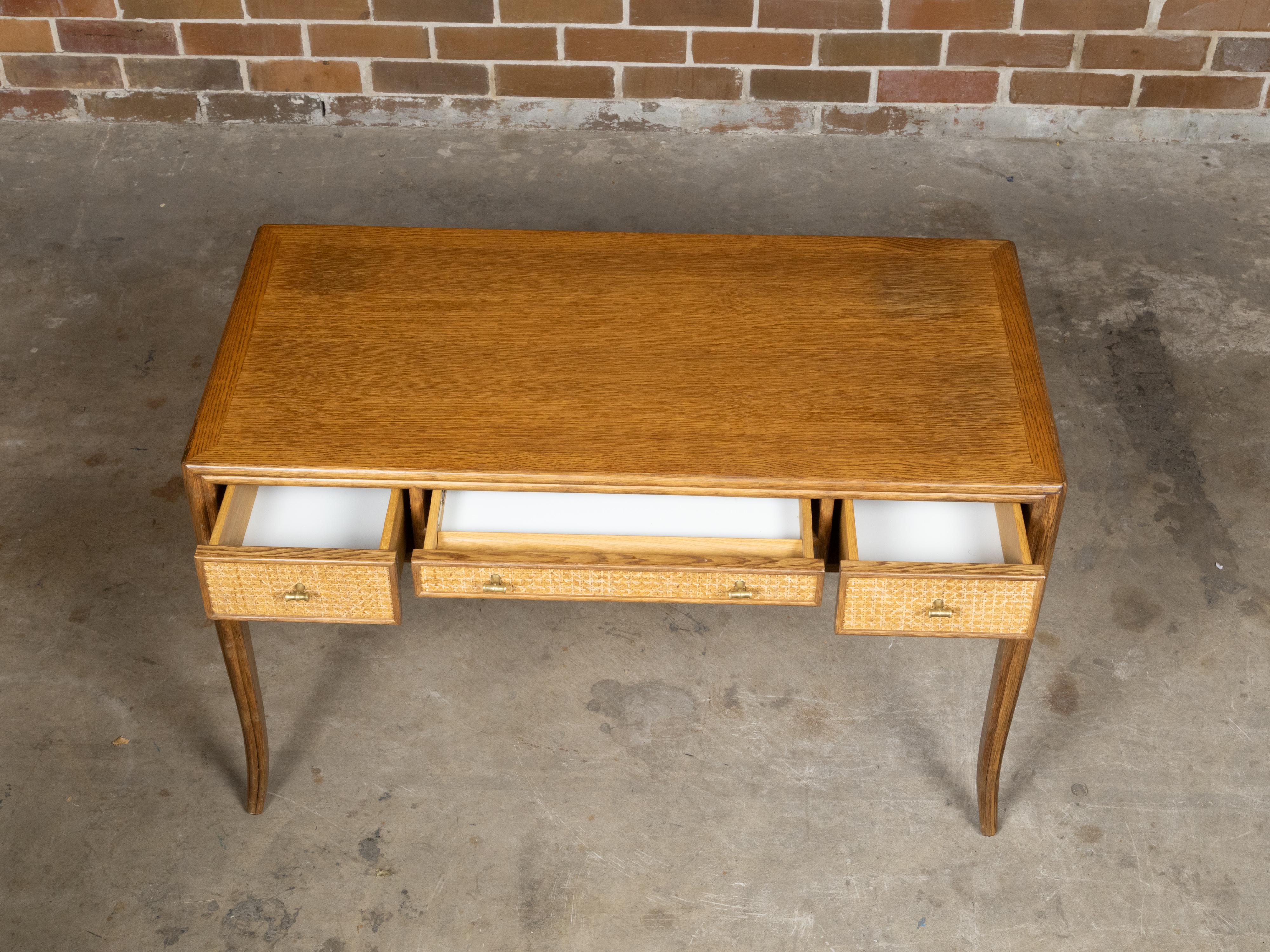 McGuire Rattan and Midcentury Oak Writing Desk with Three Drawer and Saber Legs 1