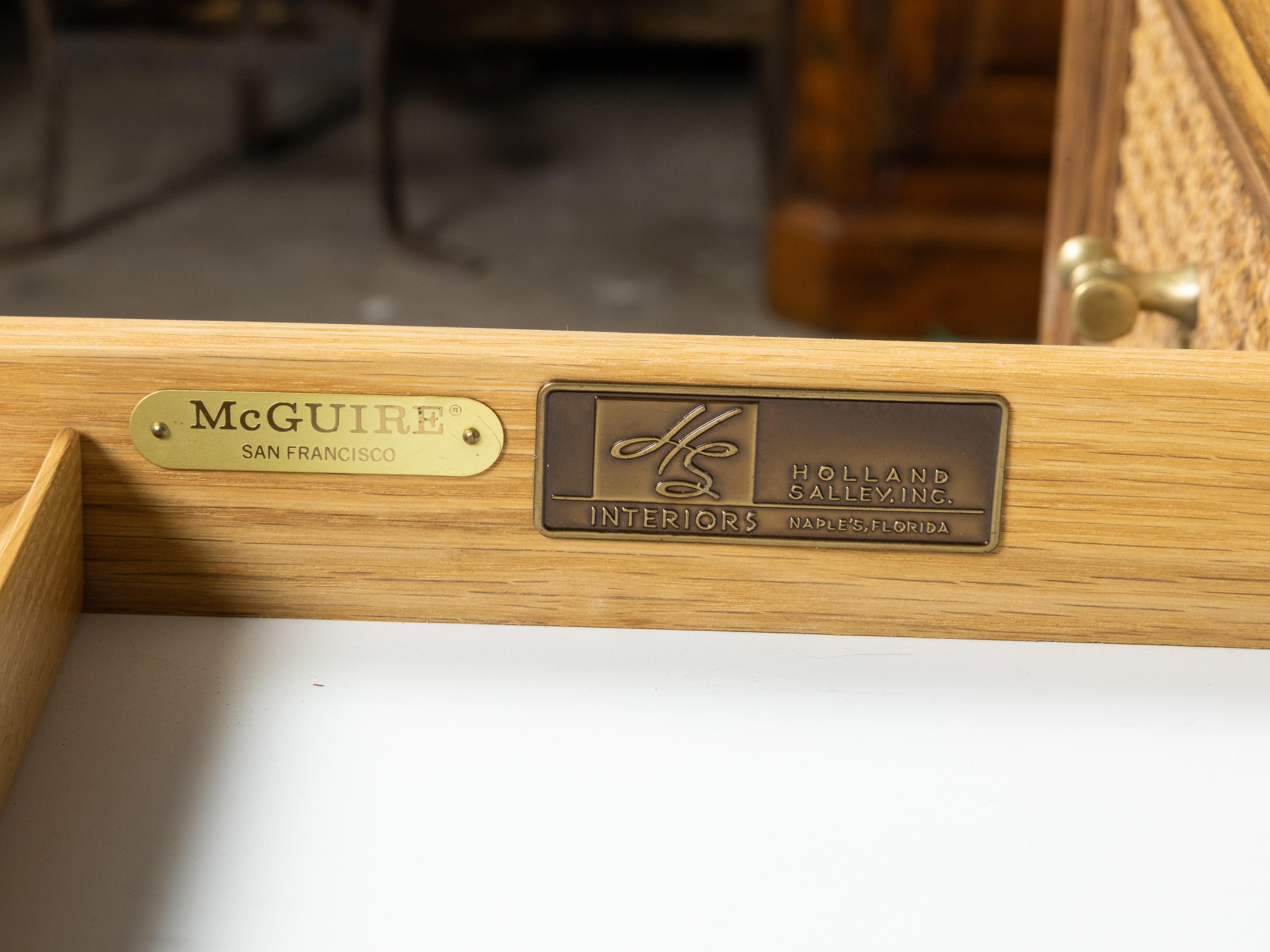 McGuire Rattan and Midcentury Oak Writing Desk with Three Drawer and Saber Legs 2