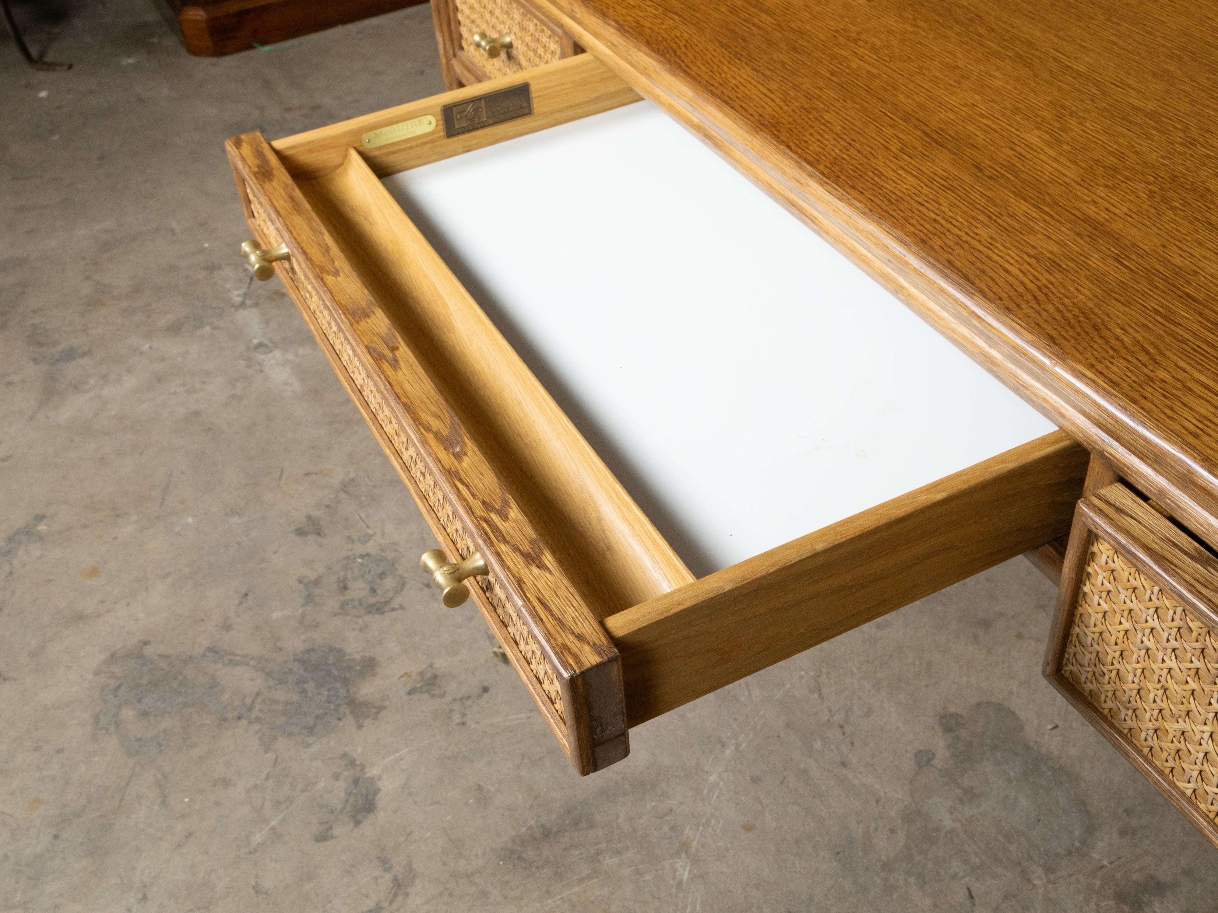 McGuire Rattan and Midcentury Oak Writing Desk with Three Drawer and Saber Legs 3